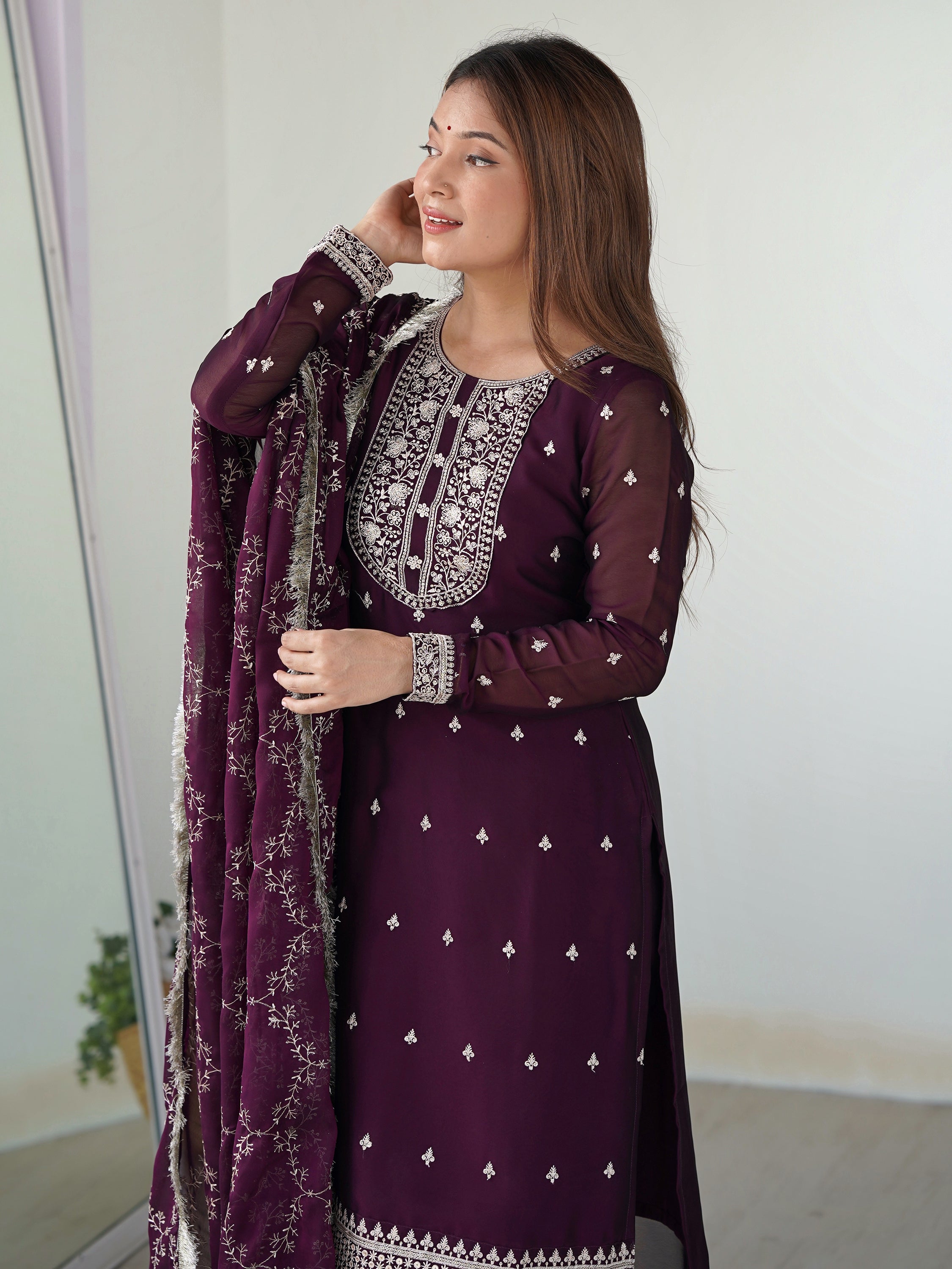 Wonderful Purple Embroidered Silk Pant Suit With Dupatta for elegant occasions