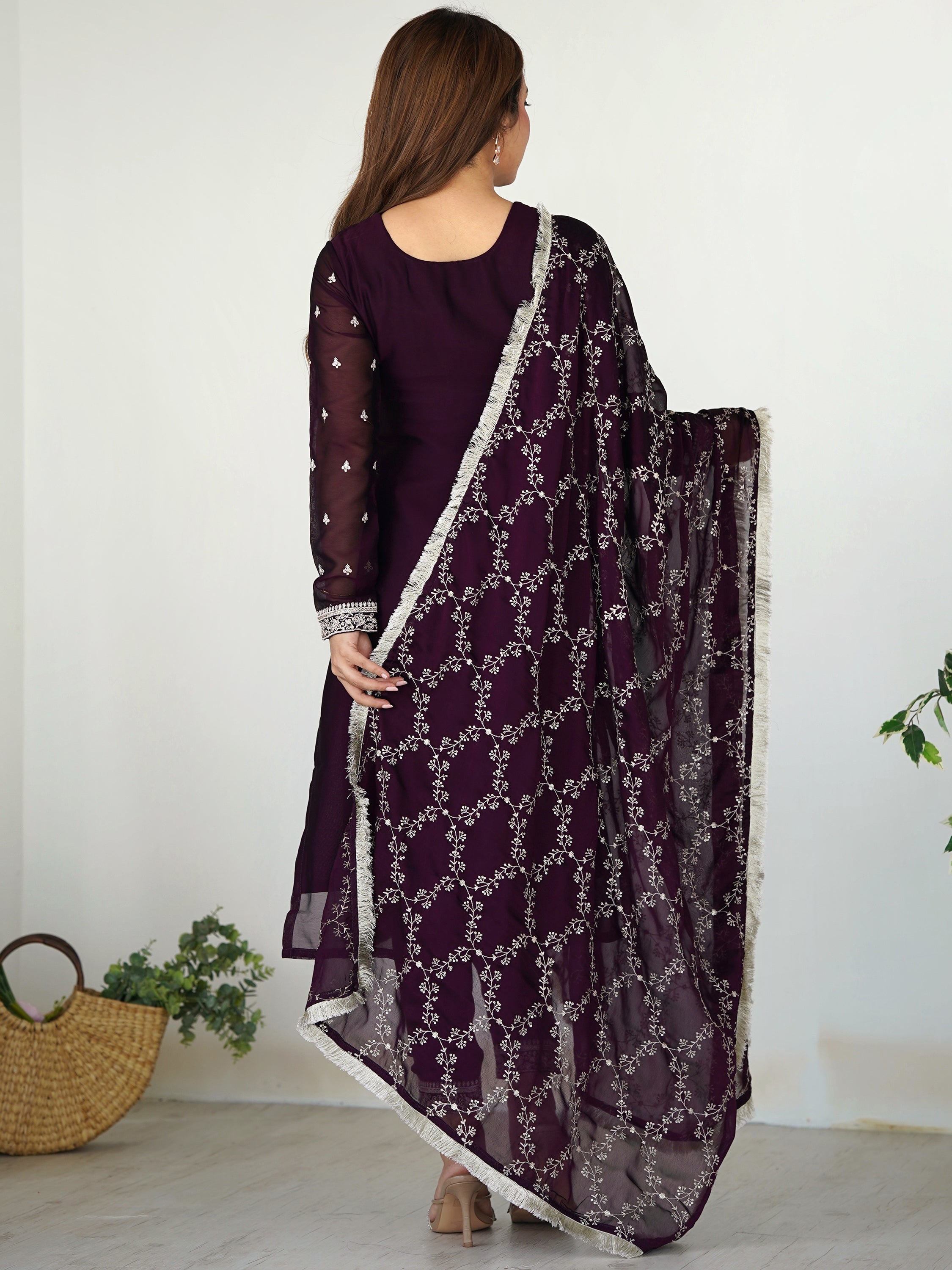 Beautiful purple silk pant suit with intricate embroidery and matching dupatta