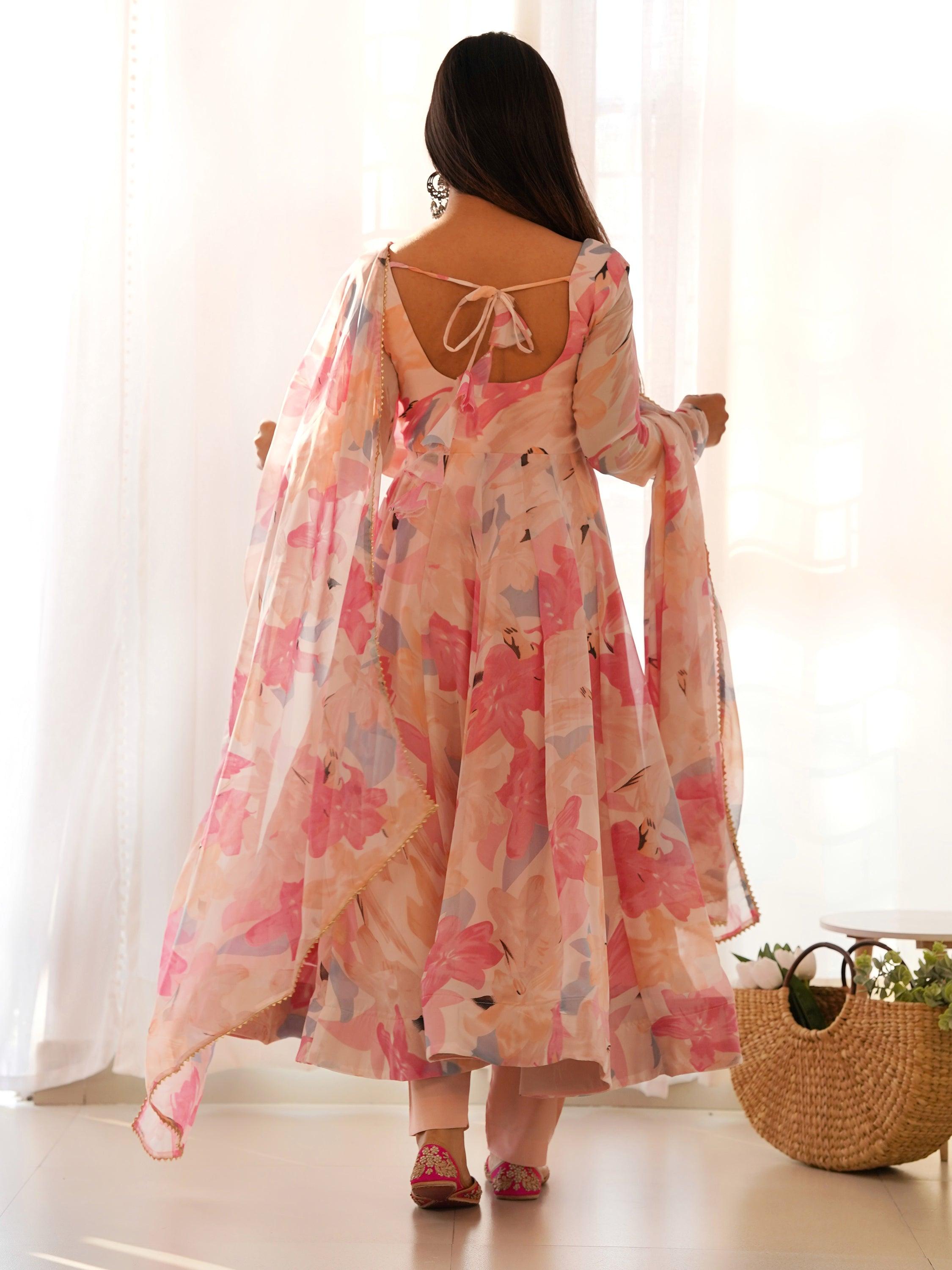 Dazzling Peach Floral Printed Georgette Traditional Anarkali Suit with intricate embroidery and delicate detailing