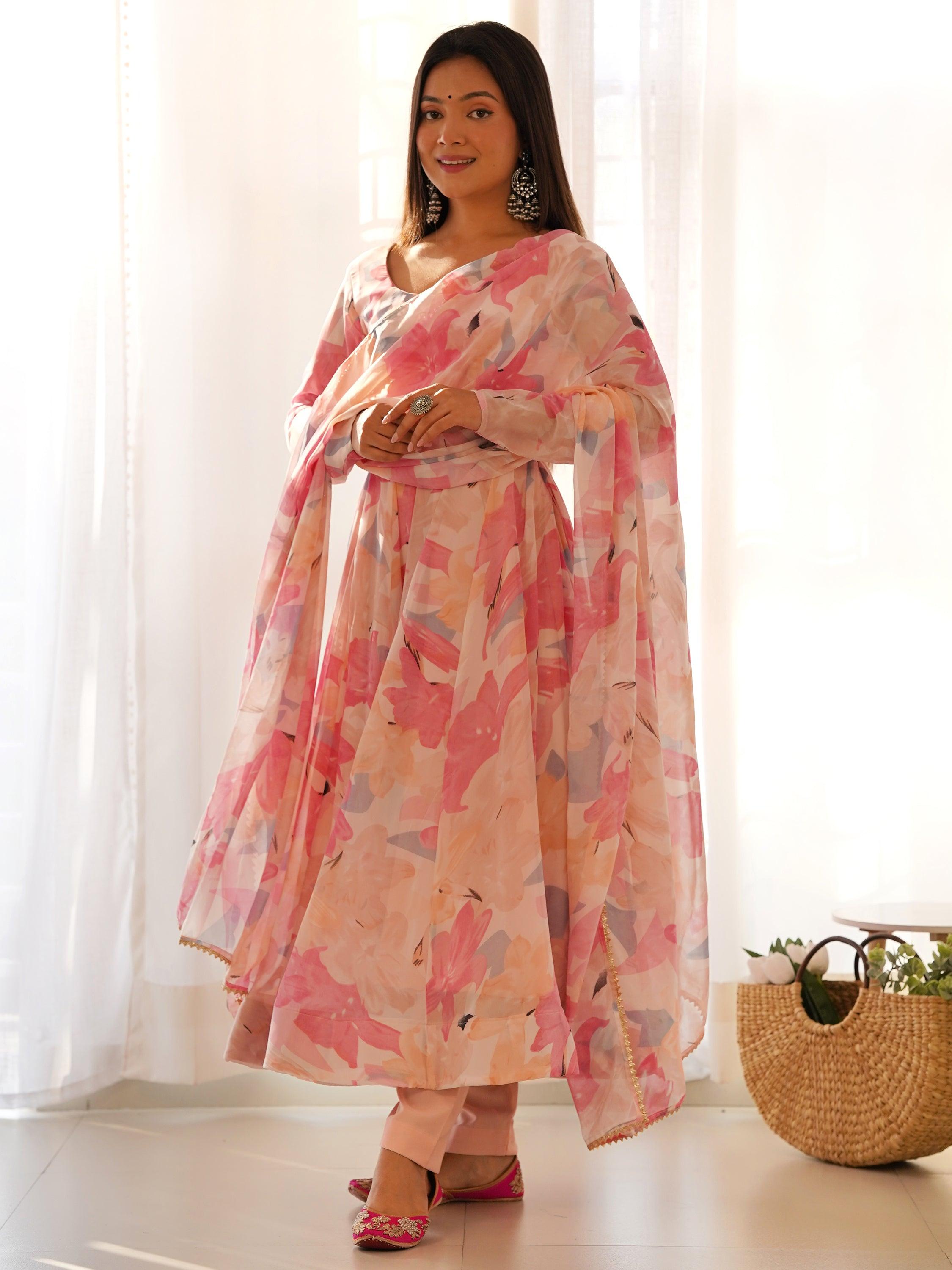 Beautiful peach floral printed georgette traditional anarkali suit with dazzling details