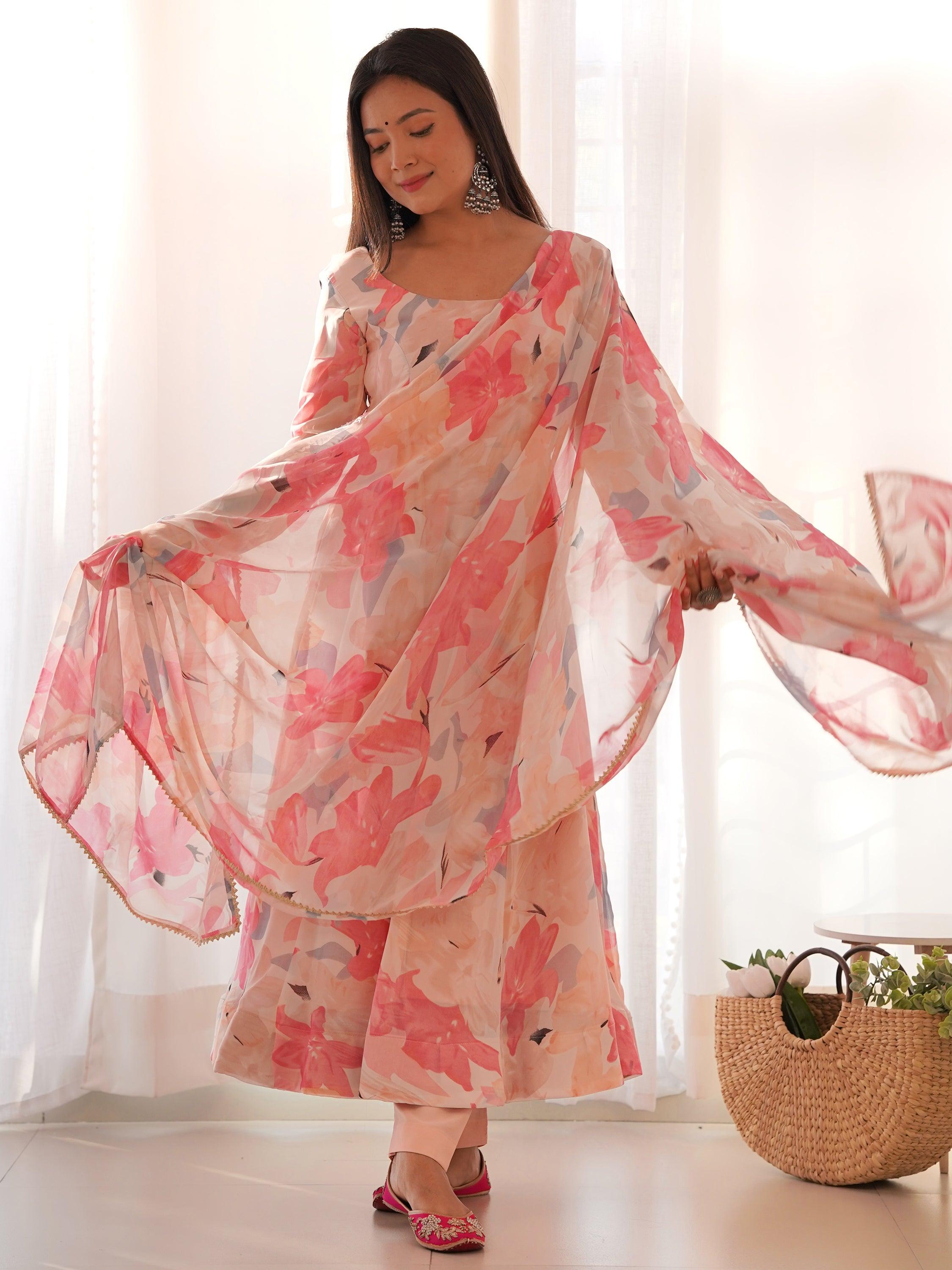 Dazzling Peach Floral Printed Georgette Traditional Anarkali Suit with intricate embroidery