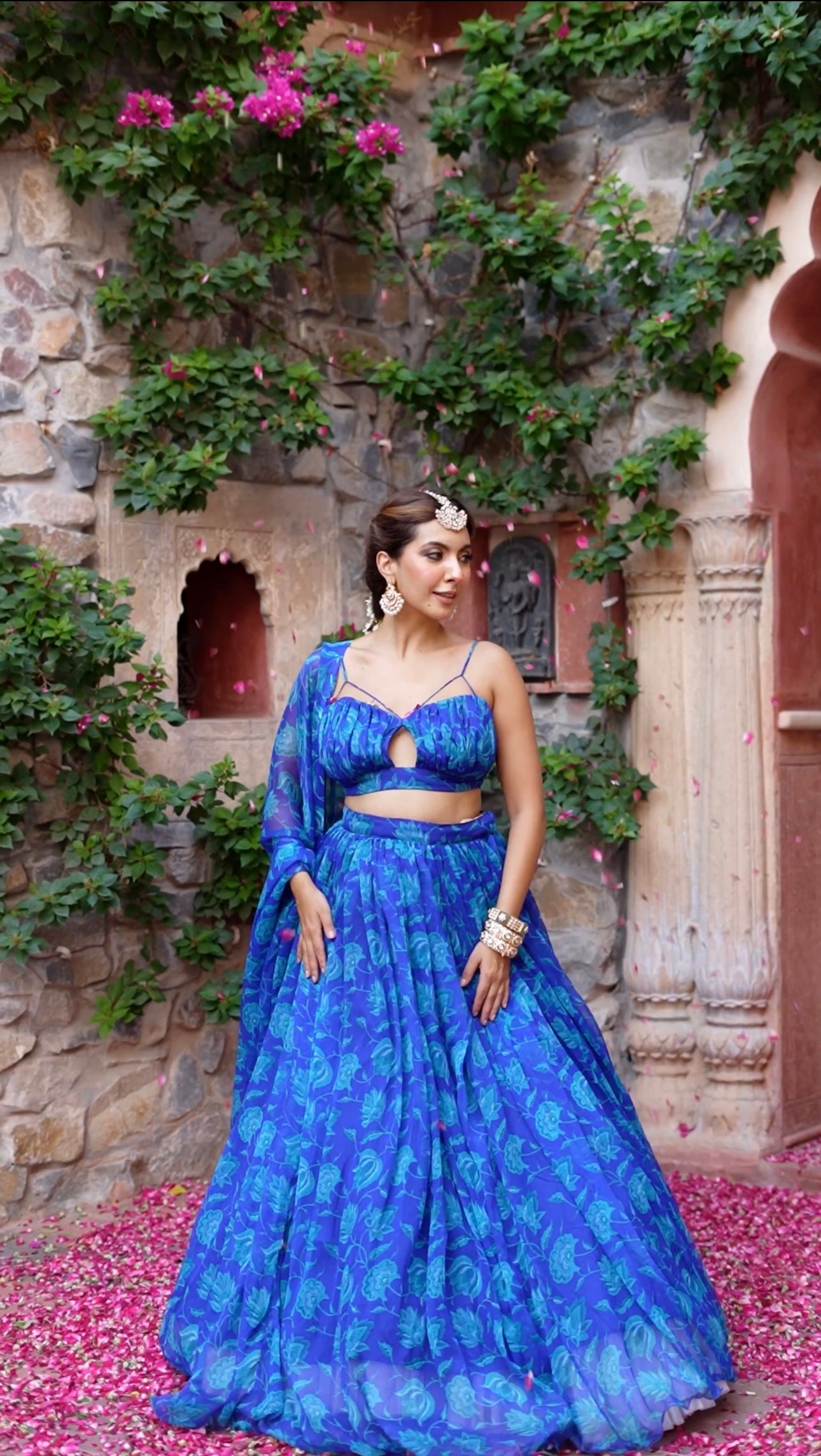 Lapis Blue Floral Printed Chiffon Lehenga Set - By Ragavi - qivii