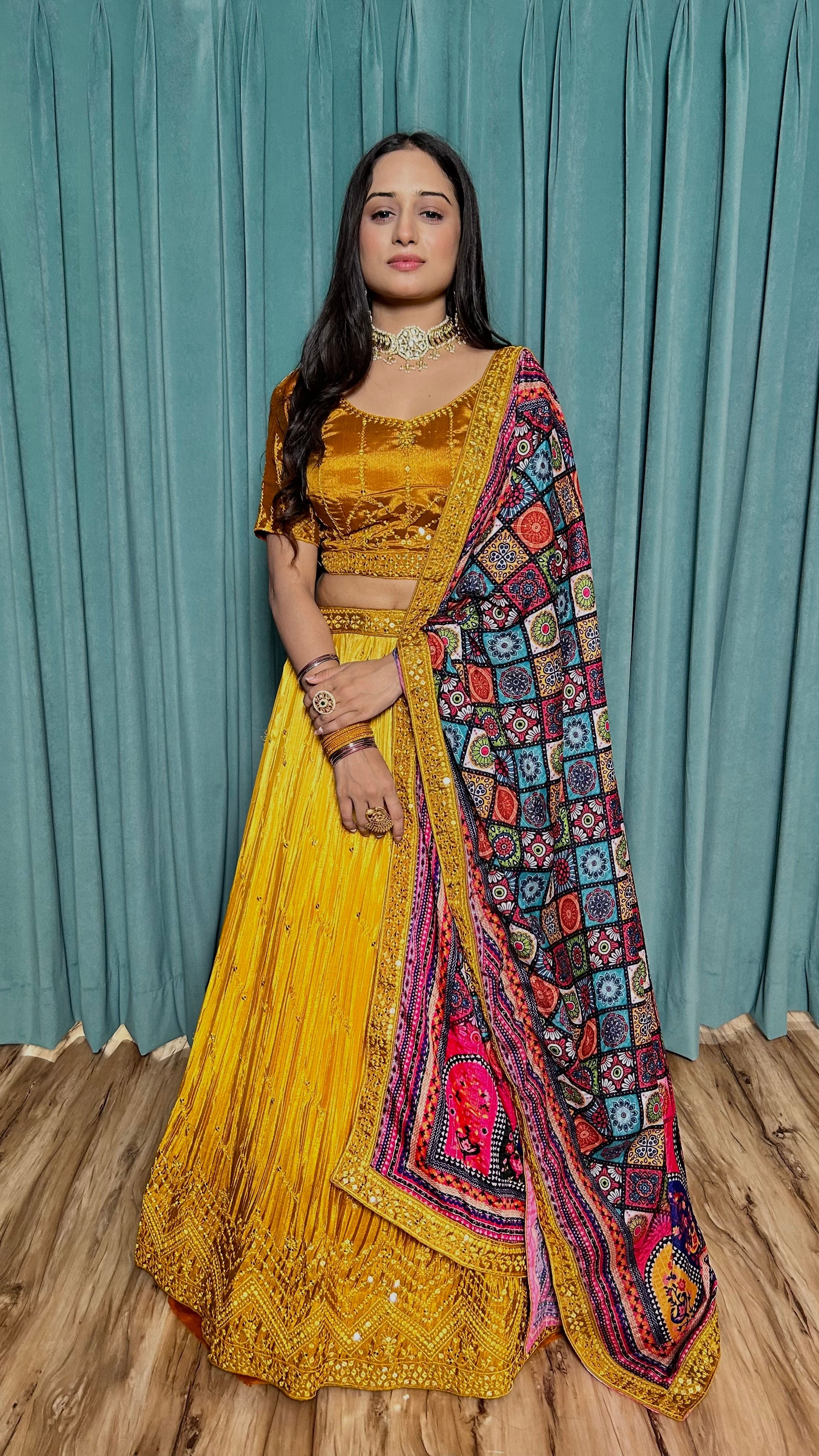 Yellow Chinon silk lehnga with 9mm sequins & thread work | Ready To Wear - qivii