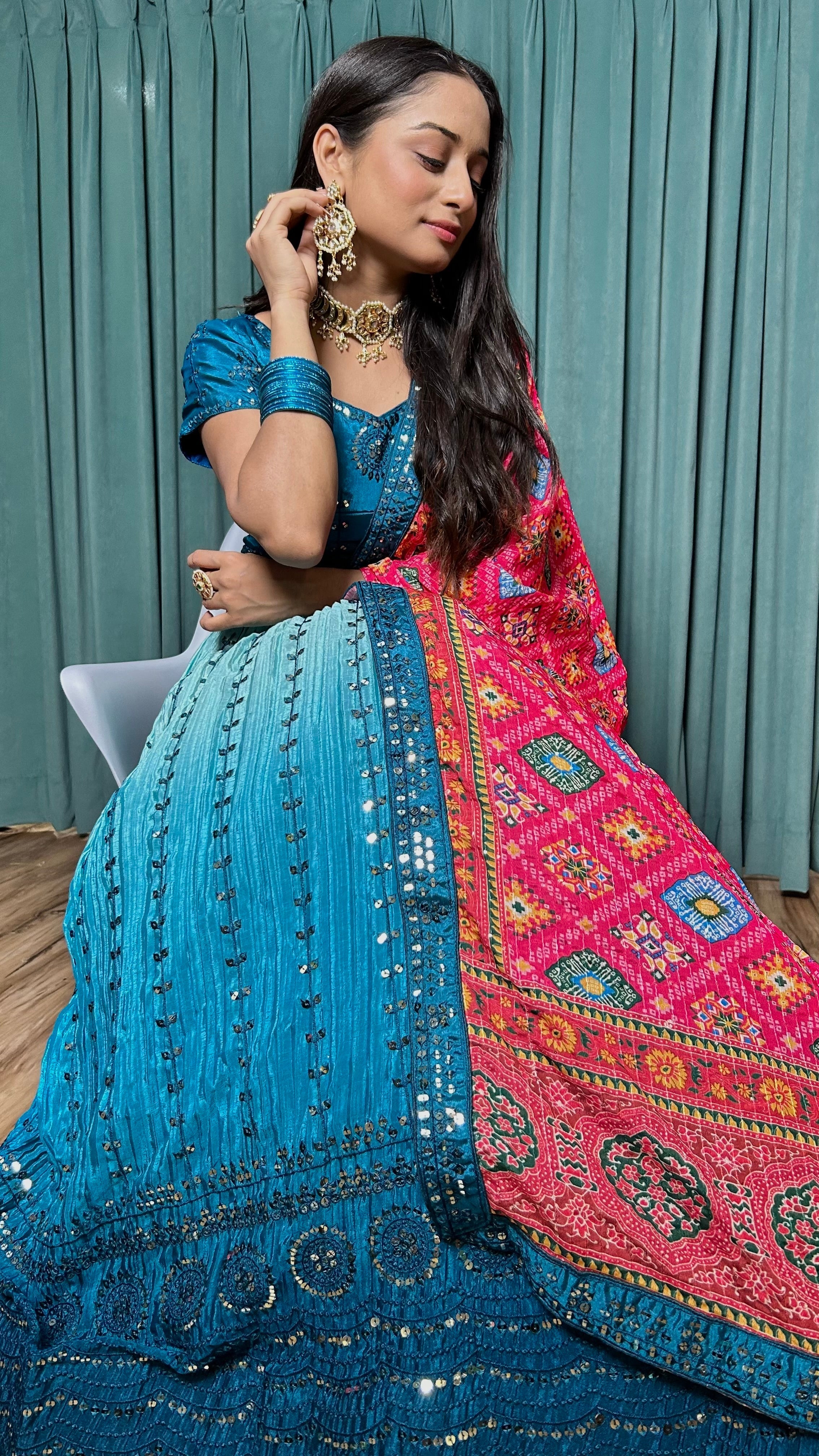 Rama Blue Chinon silk lehnga with 9mm sequins & thread work | Ready To Wear - qivii