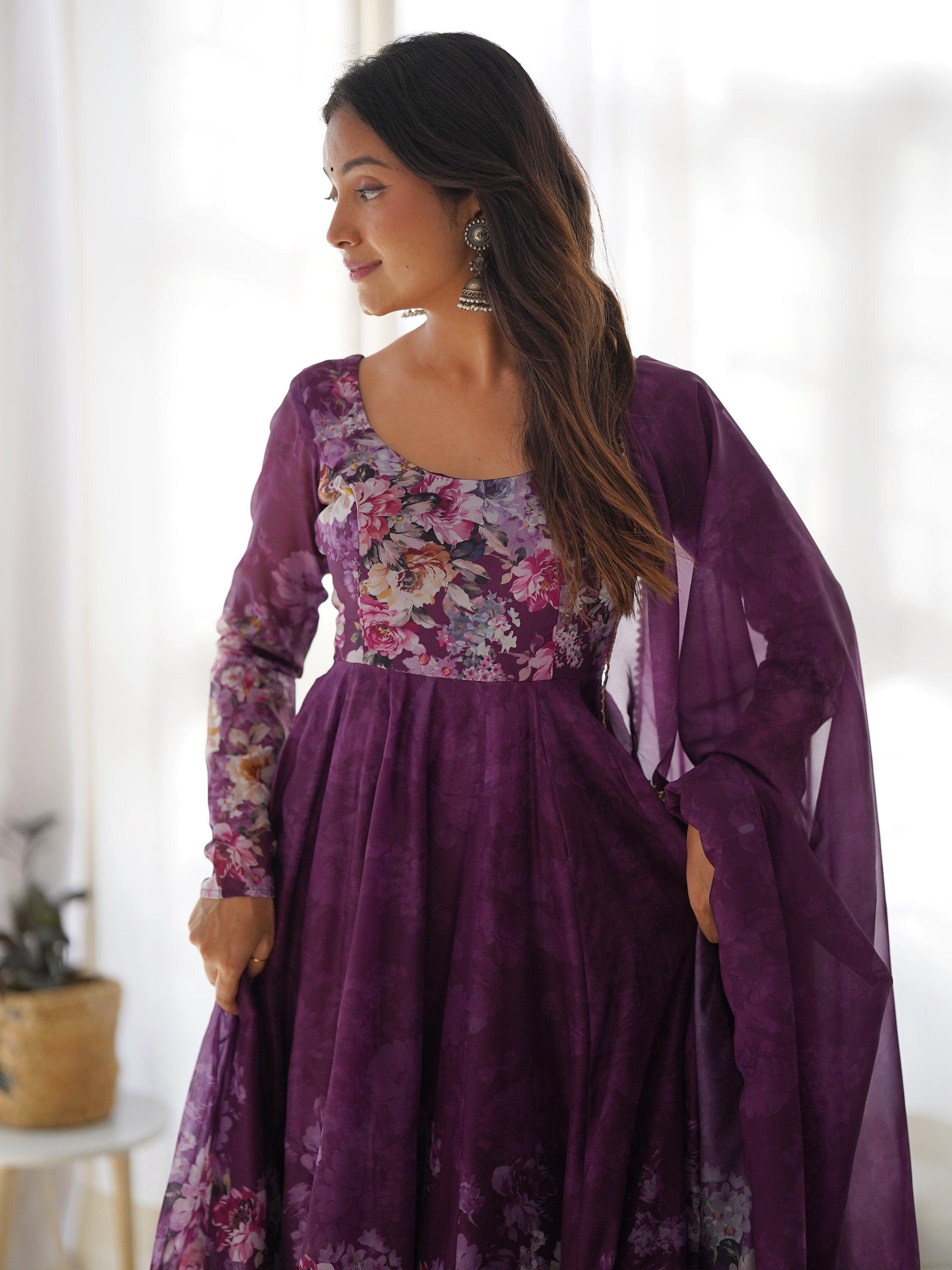 Elegantly designed purple floral printed organza Anarkali suit for special events