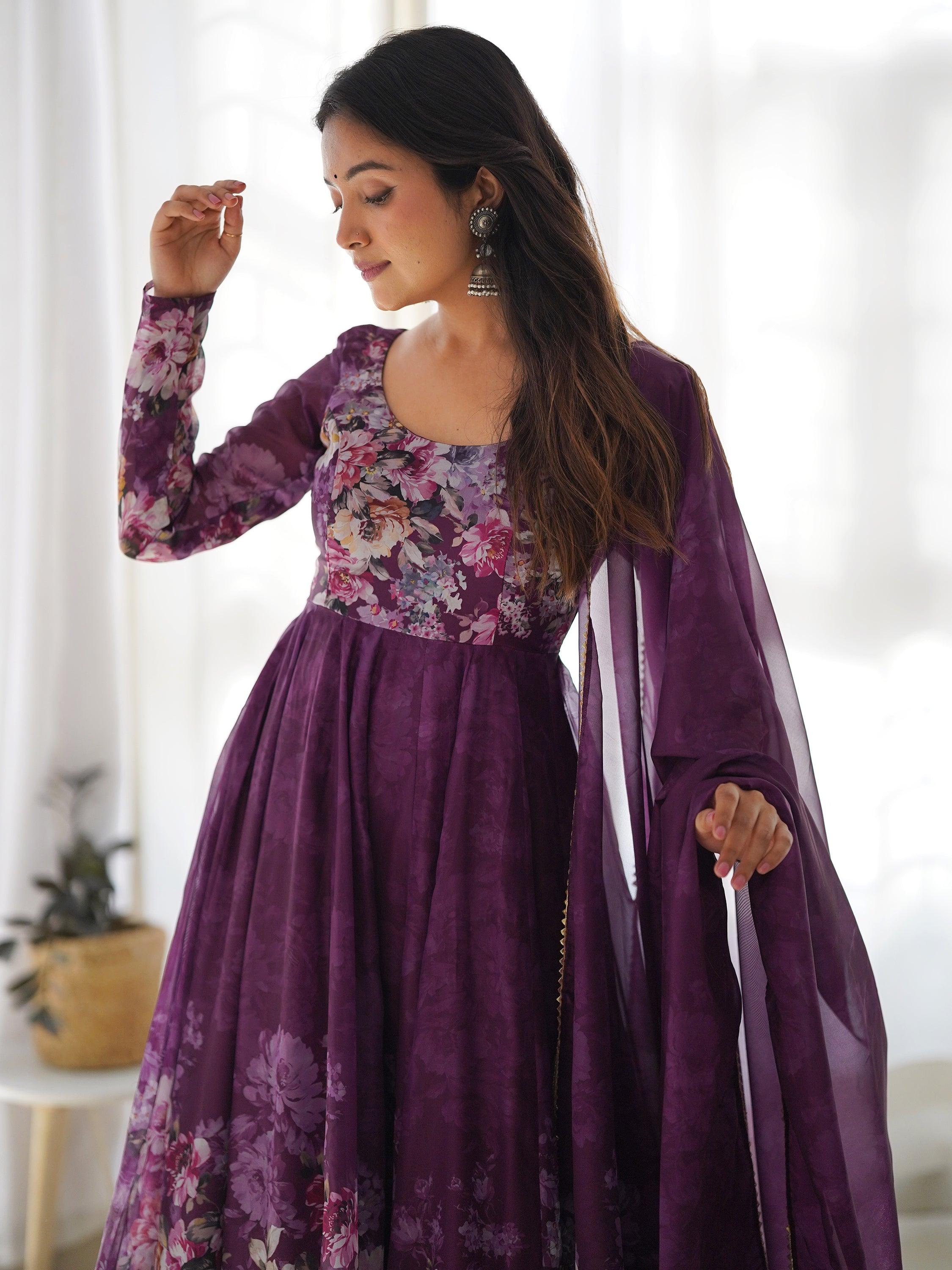 Attractive Purple Floral Printed Organza Event Wear Anarkali Suit for Women