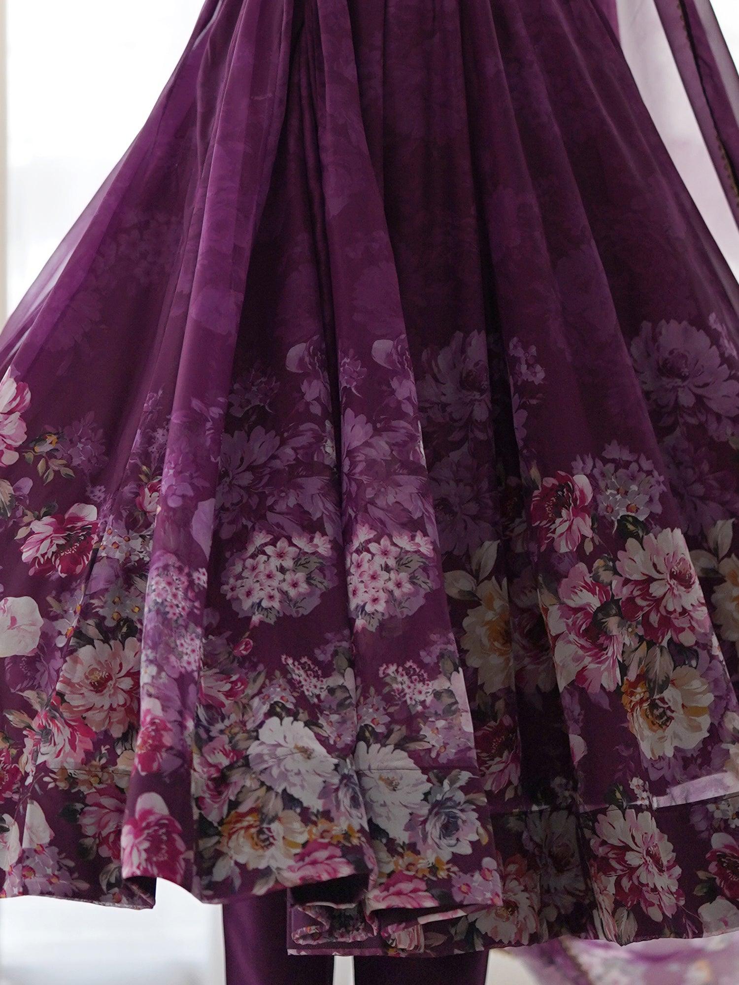 Attractive Purple Floral Printed Organza Event Wear Anarkali Suit with elegant design and intricate detailing
