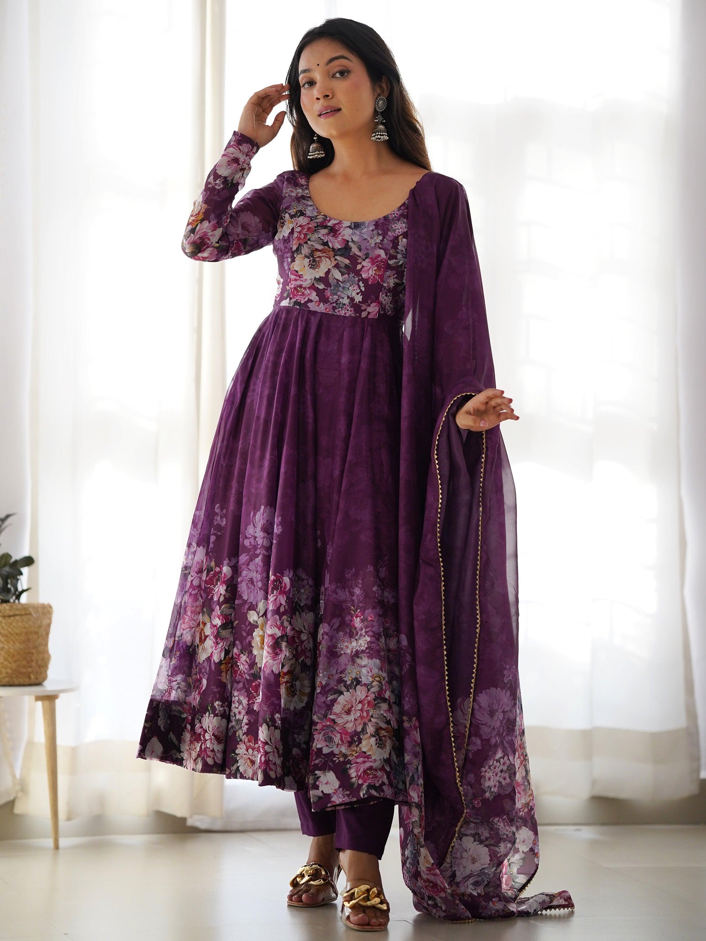 Attractive Purple Floral Printed Organza Event Wear Anarkali Suit with Flared Bottom and Dupatta