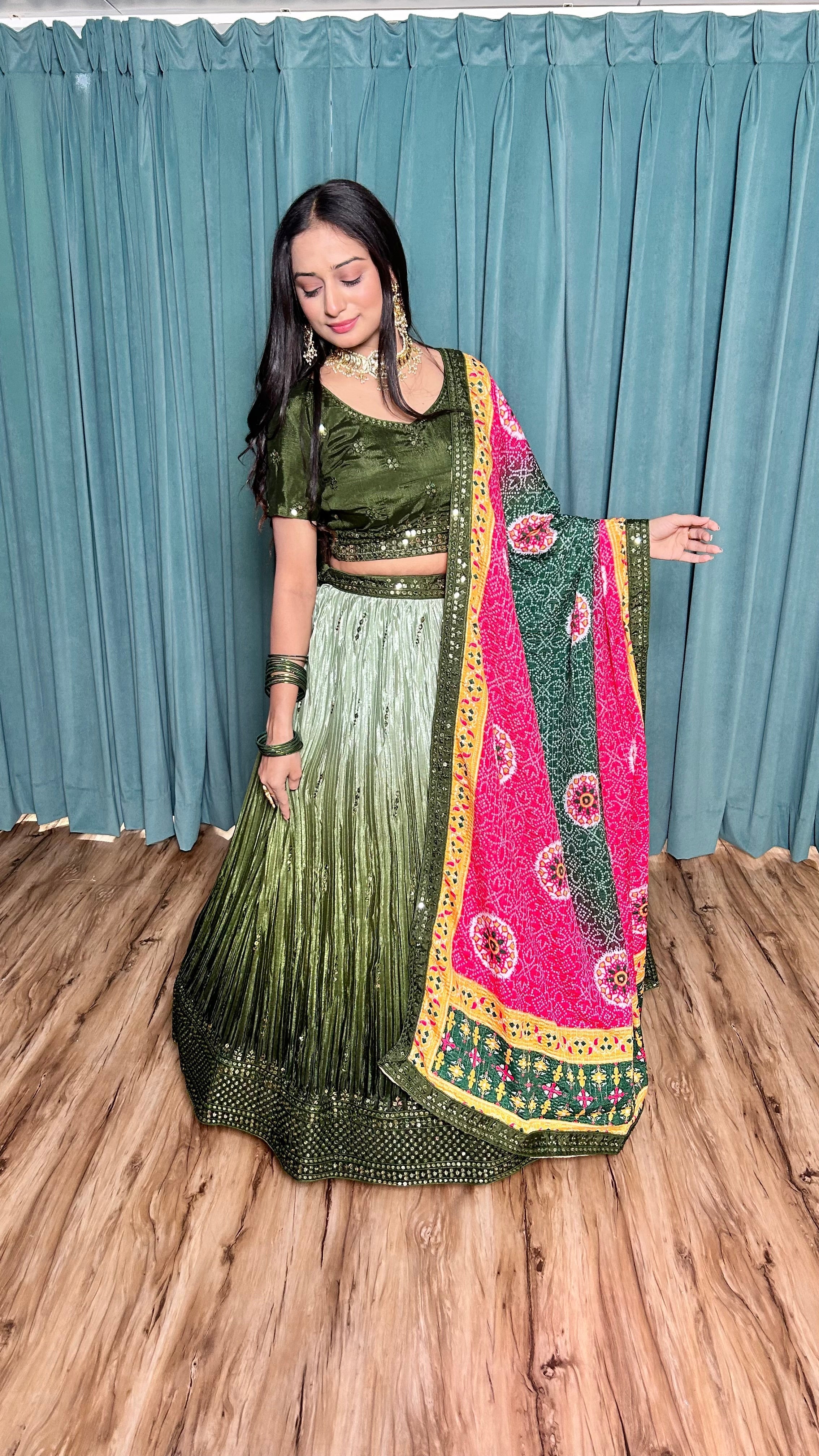 Green Chinon silk lehnga with 9mm sequins & thread work | Ready To Wear - qivii