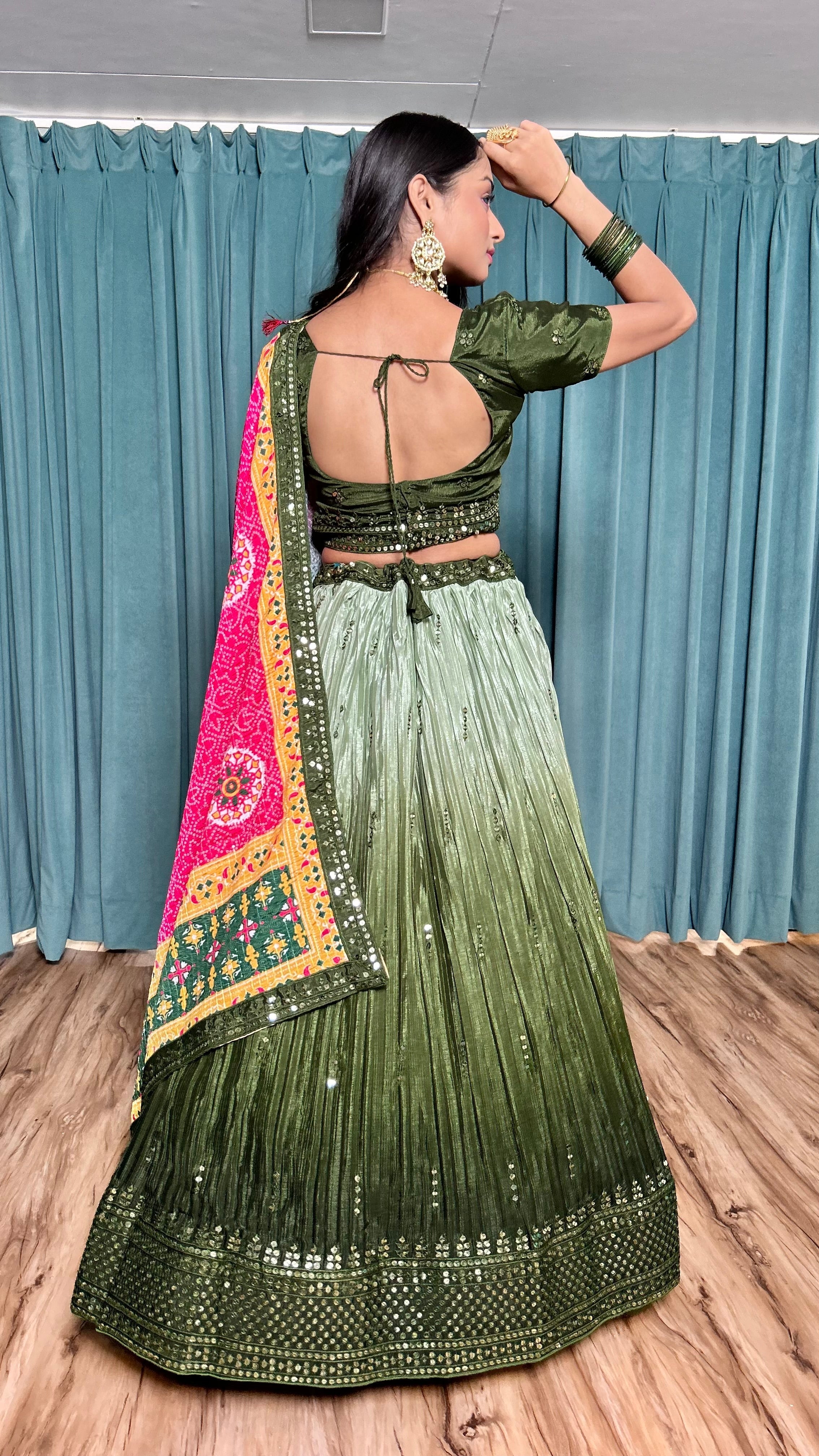 Green Chinon silk lehnga with 9mm sequins & thread work | Ready To Wear - qivii