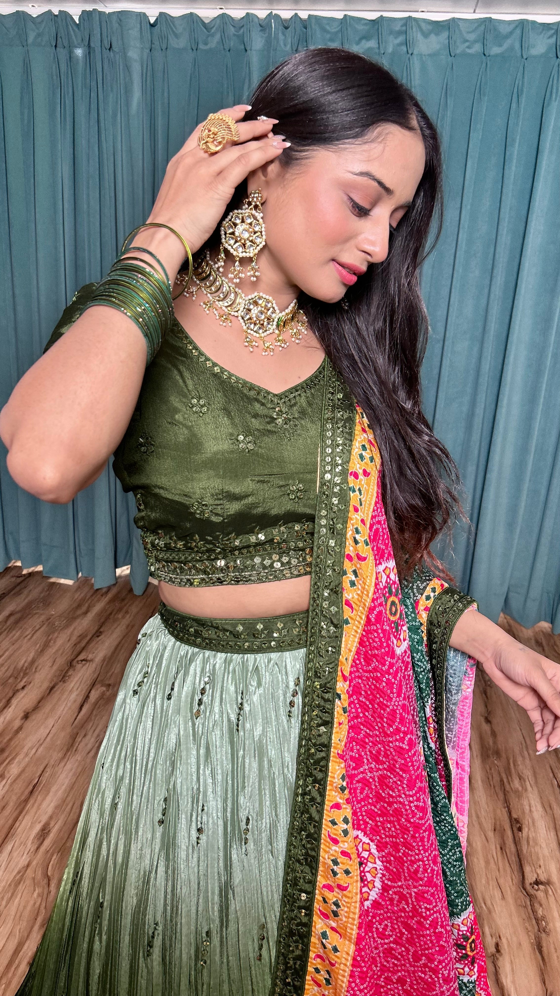 Green Chinon silk lehnga with 9mm sequins & thread work | Ready To Wear - qivii