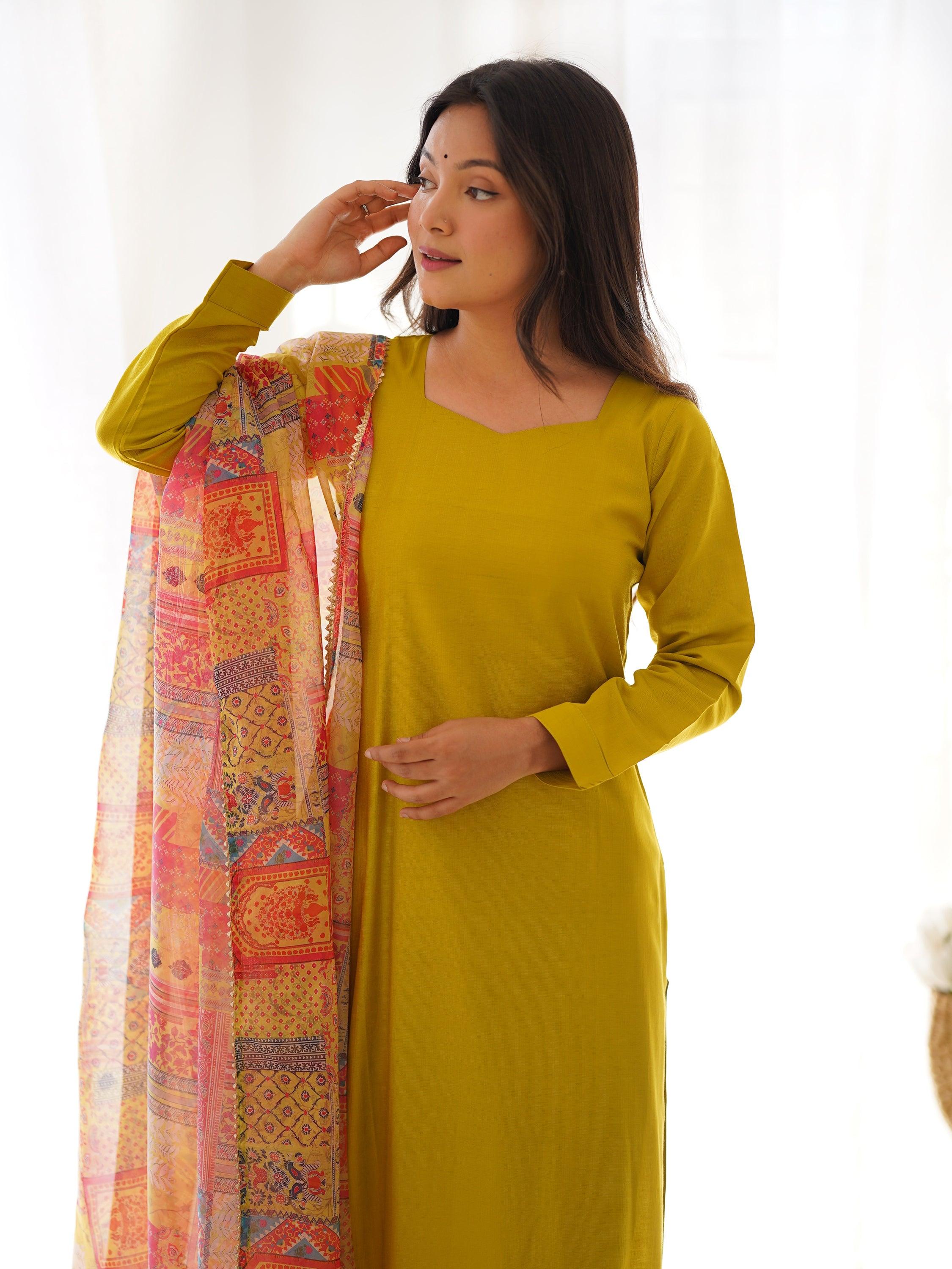 Mustard yellow cotton straight kurta with matching pant for event wear