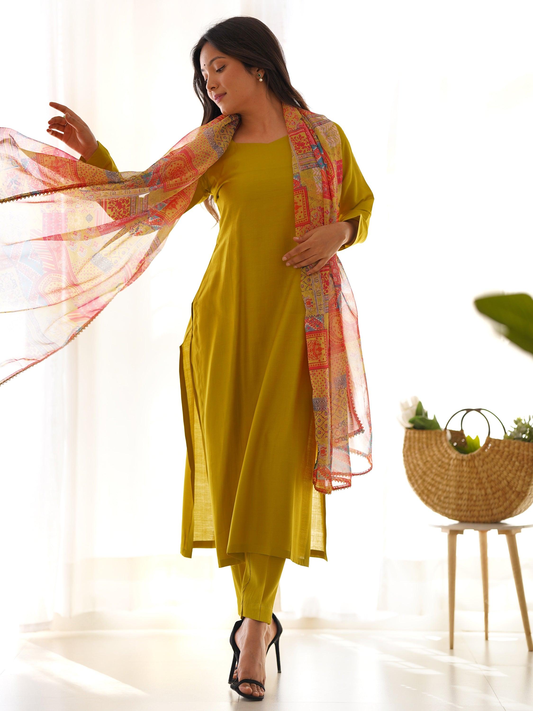 Mustard yellow cotton straight kurta with pant for event wear