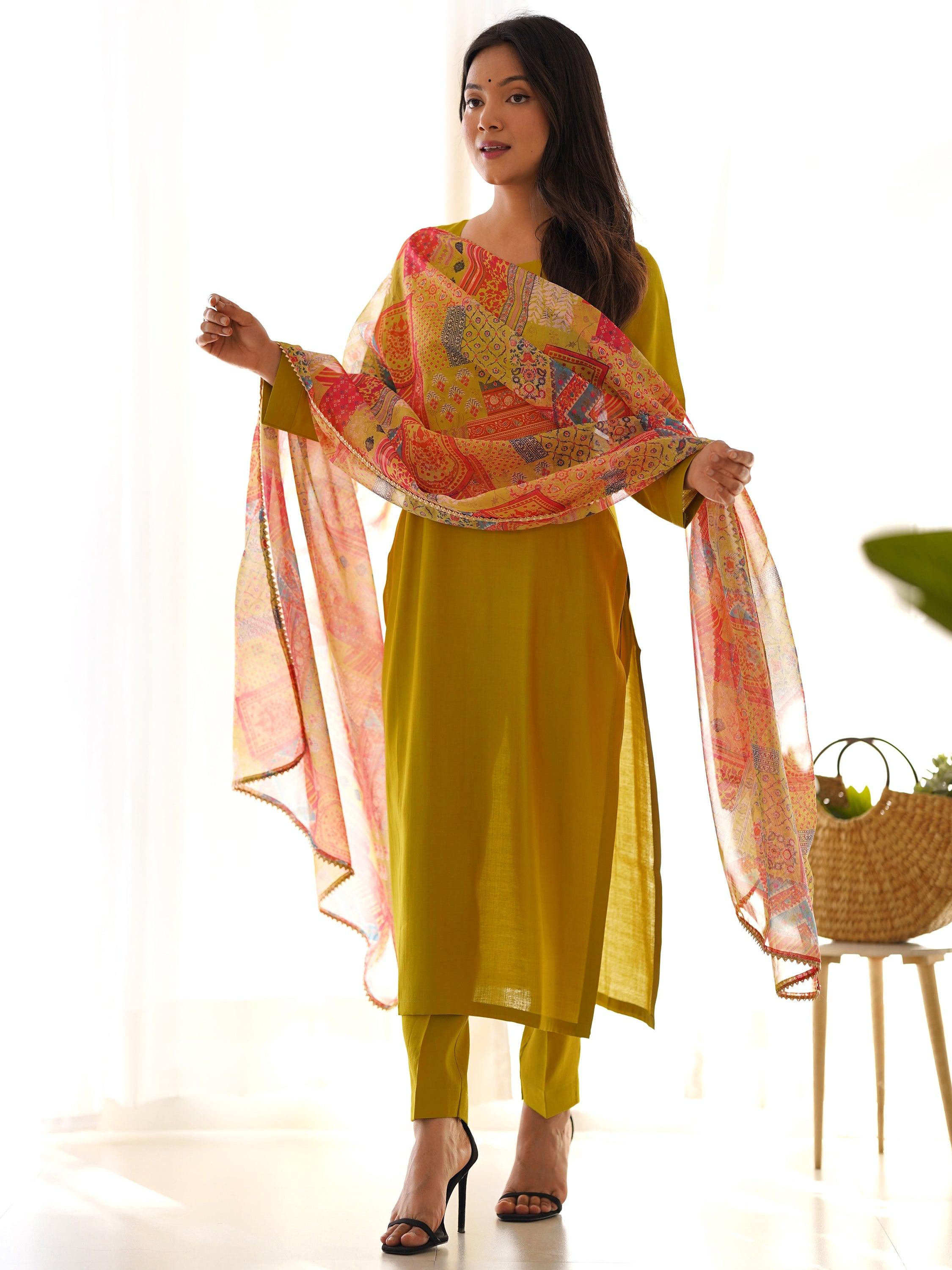 Marvelous Mustard Yellow Cotton Event Wear Straight Kurta With Pant for women