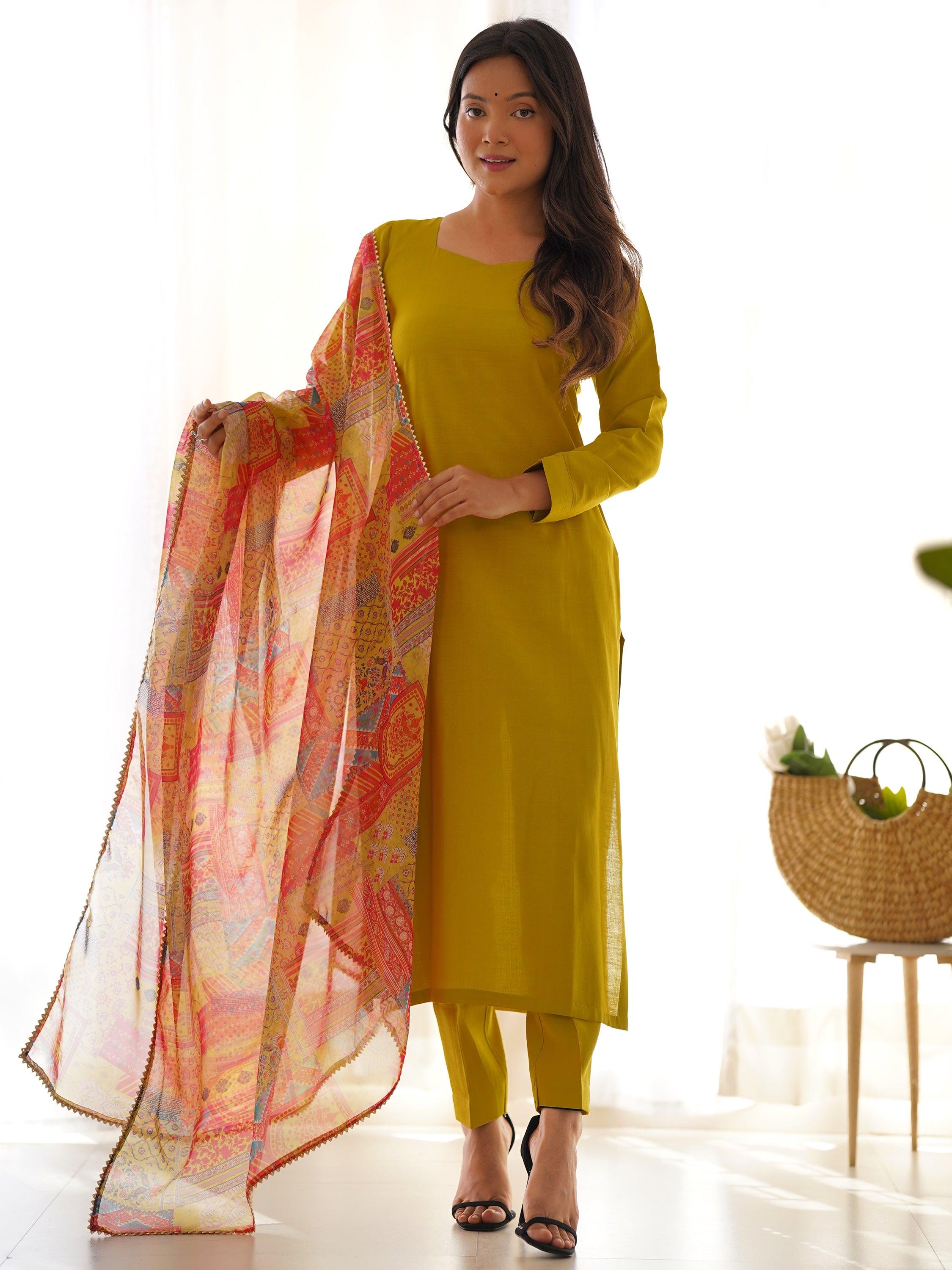 Marvelous Mustard Yellow Cotton Event Wear Straight Kurta With Pant - Elegant and stylish Indian ethnic outfit for women