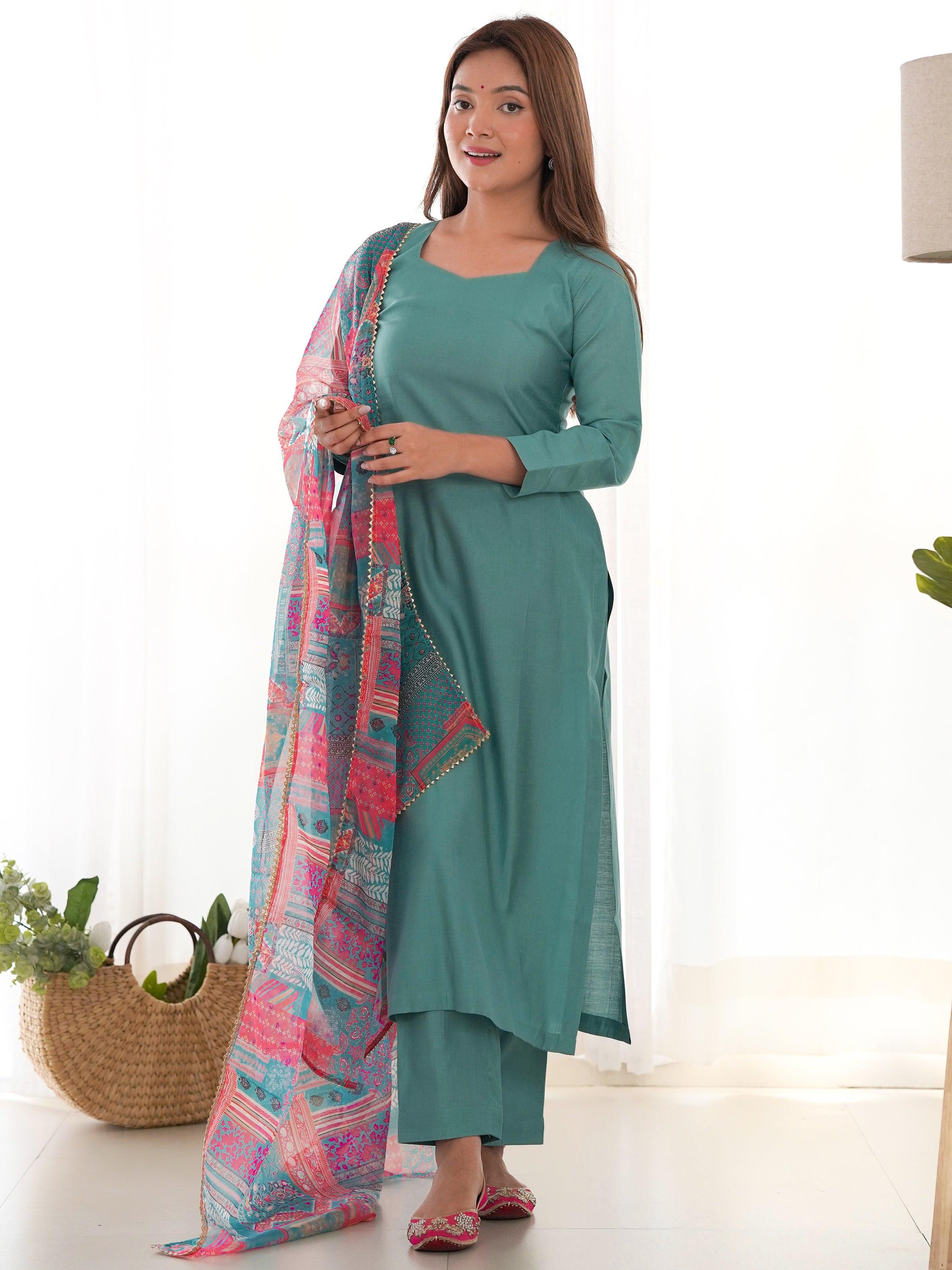 High-quality cotton sea green kurti and matching pants