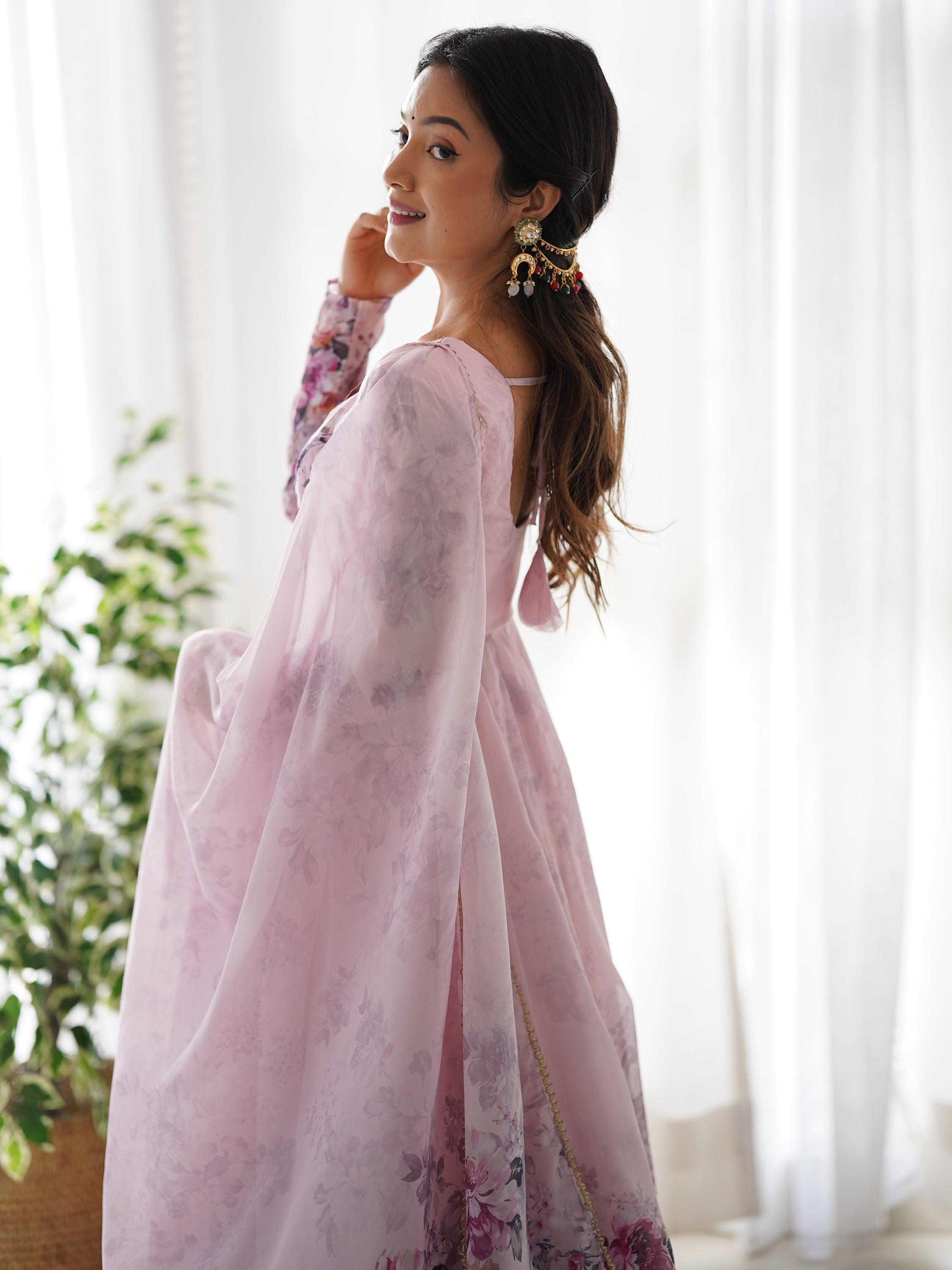 Beautiful pink floral printed organza anarkali suit with matching dupatta