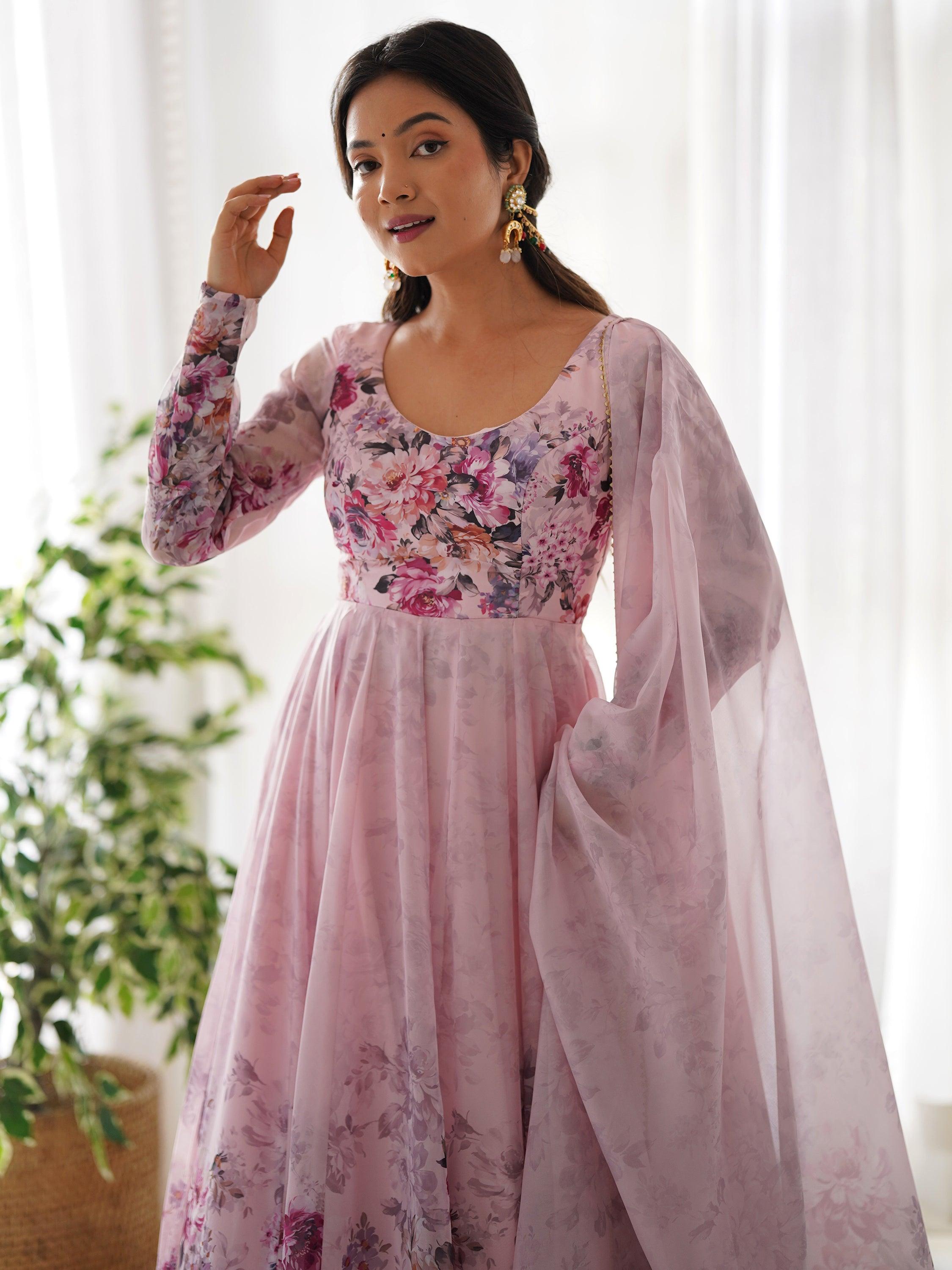Fascinating Pink Floral Printed Organza Anarkali Suit with Dupatta for Women