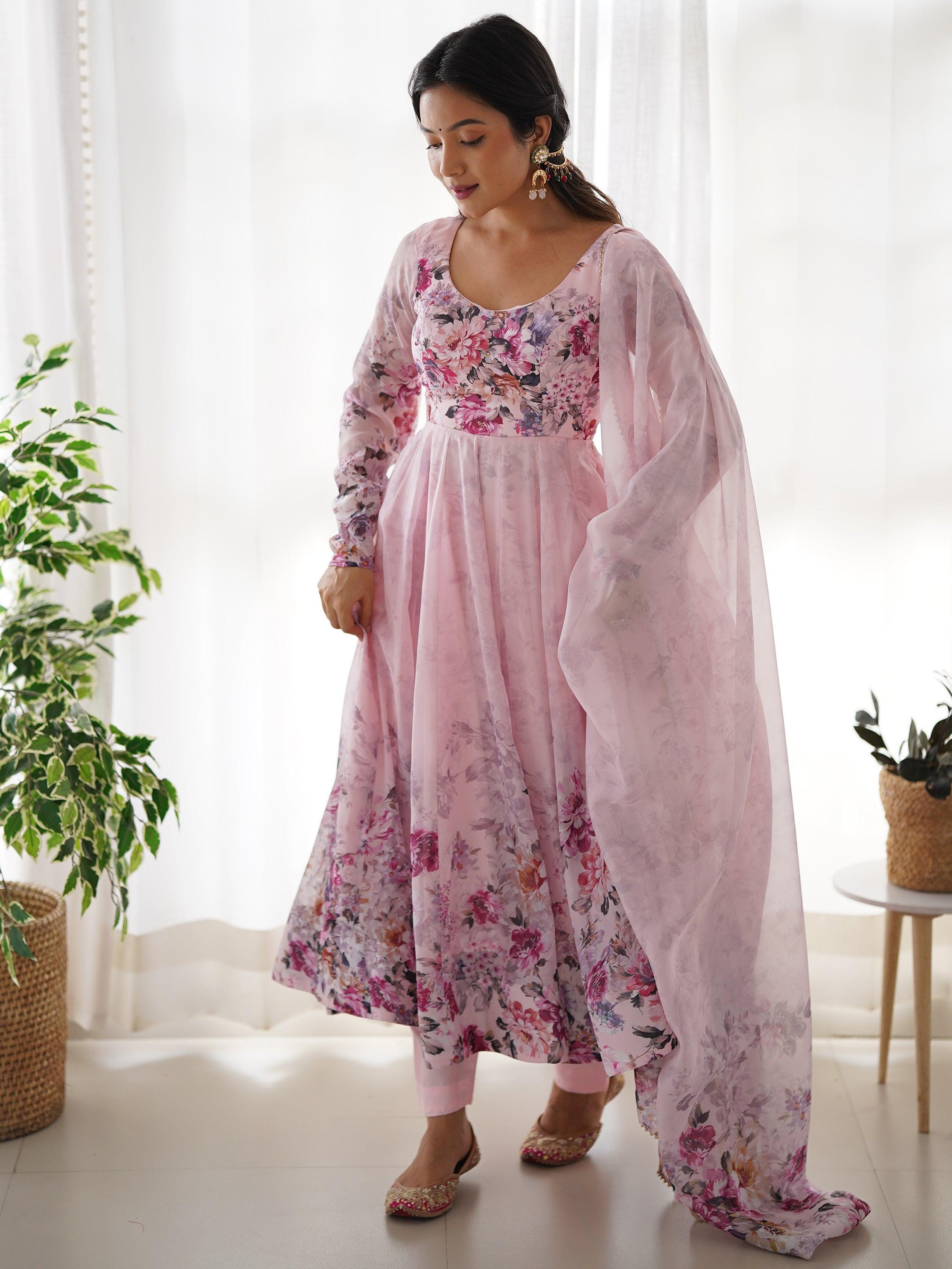 Fascinating pink anarkali suit with floral print and matching dupatta