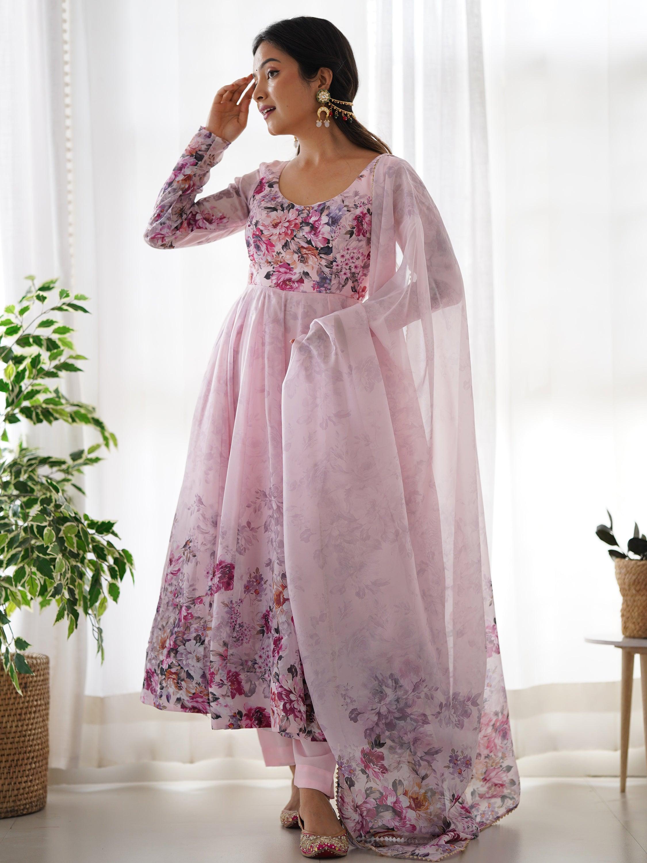 Fascinating Pink Floral Printed Organza Anarkali Suit With Dupatta for Women