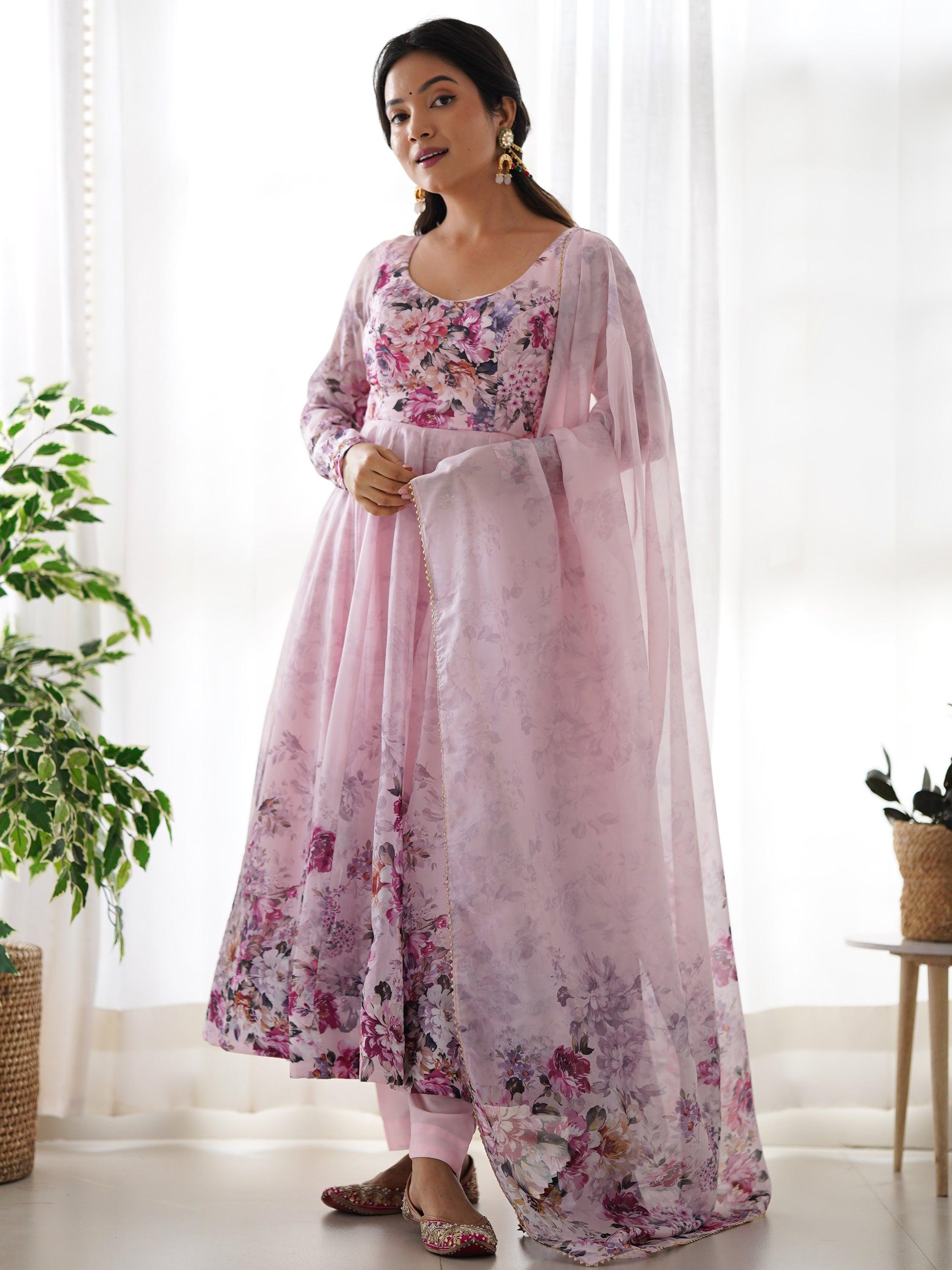 Pink floral printed organza anarkali suit with matching dupatta for women