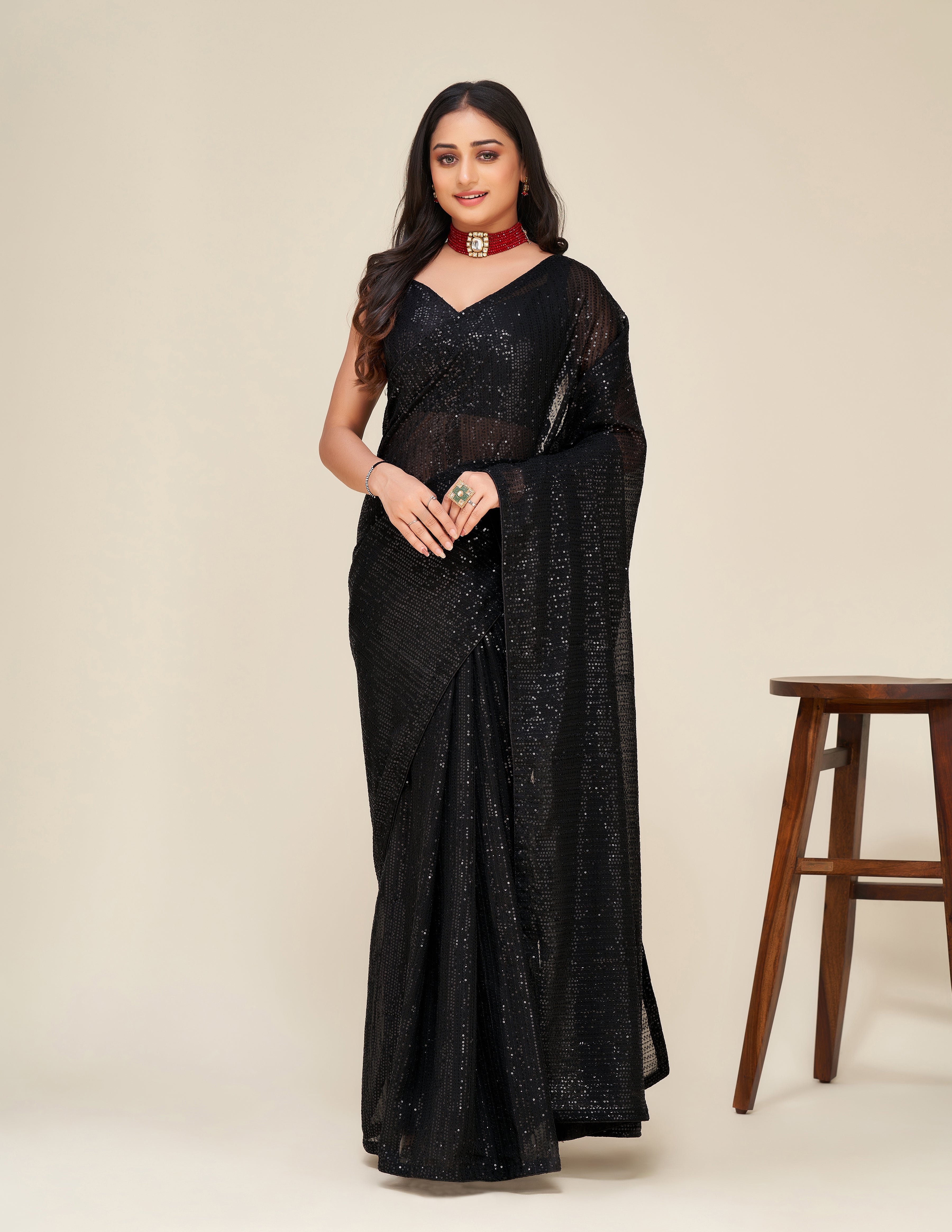 Black Georget saree with sequnece work - qivii
