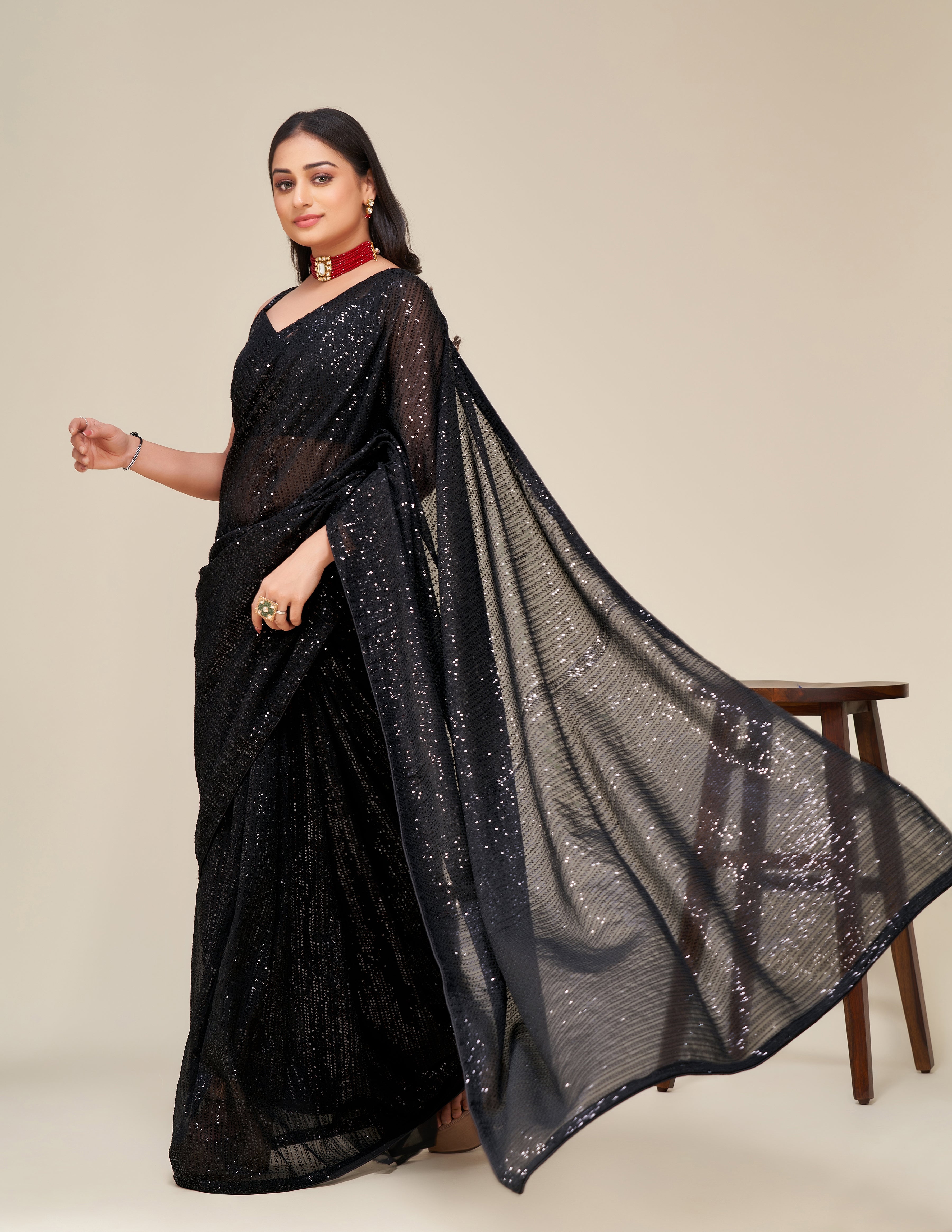 Black Georget saree with sequnece work - qivii