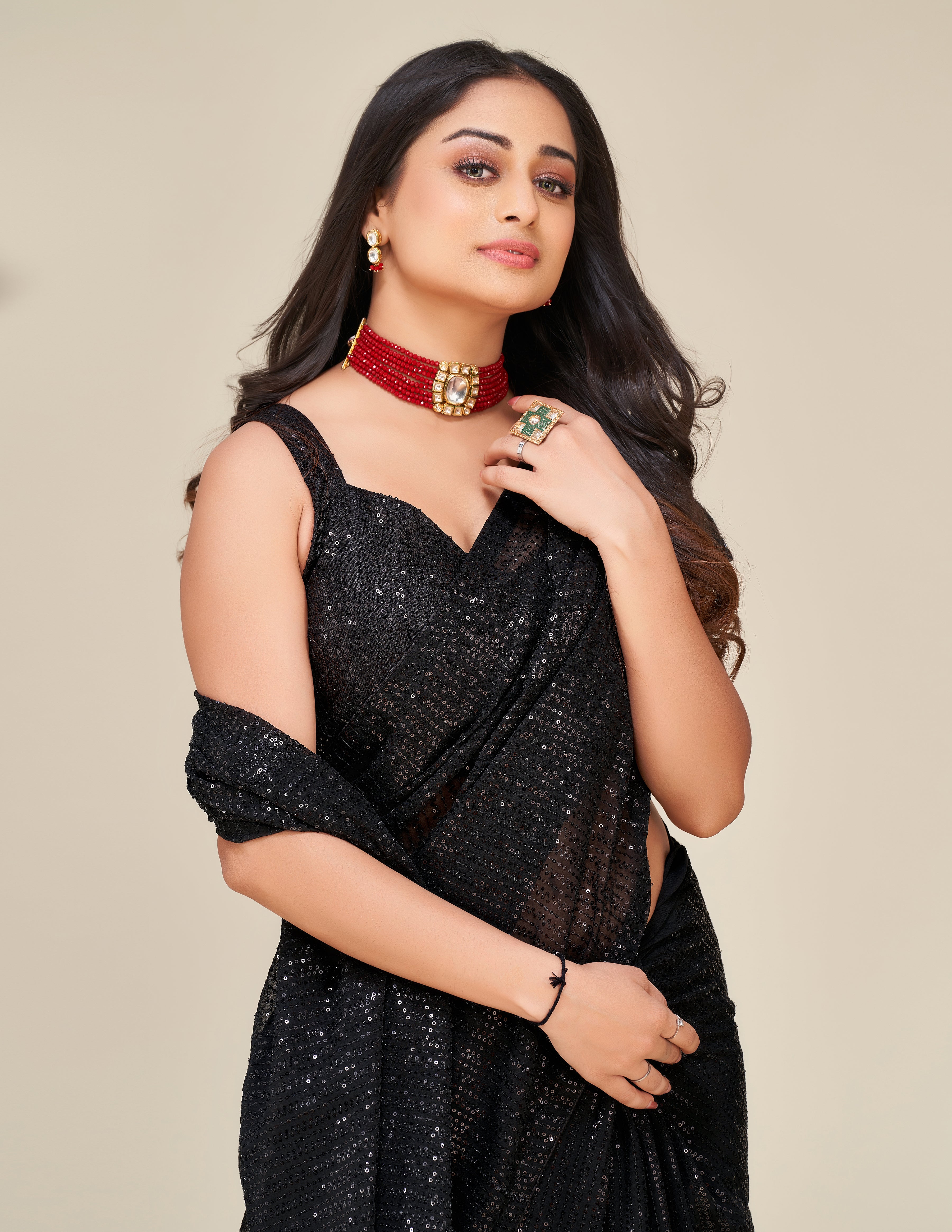 Black Georget saree with sequnece work - qivii