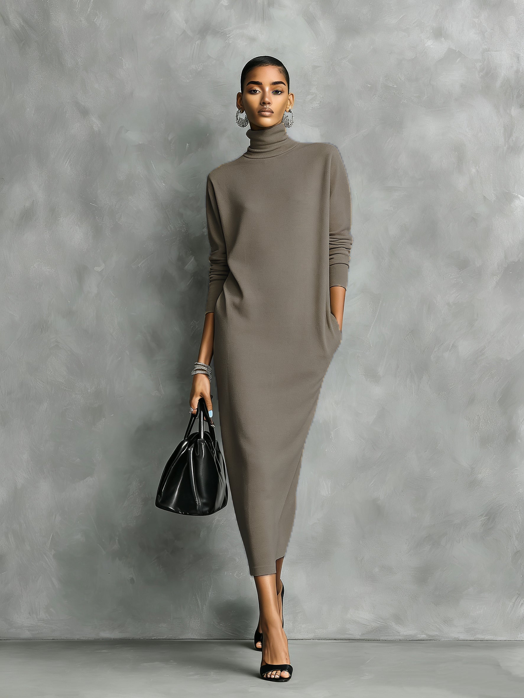 Women's Elegant Black Knitted Turtleneck Long-sleeved Loose-fitting Midi Dress With No Pockets MDA1974L7AN