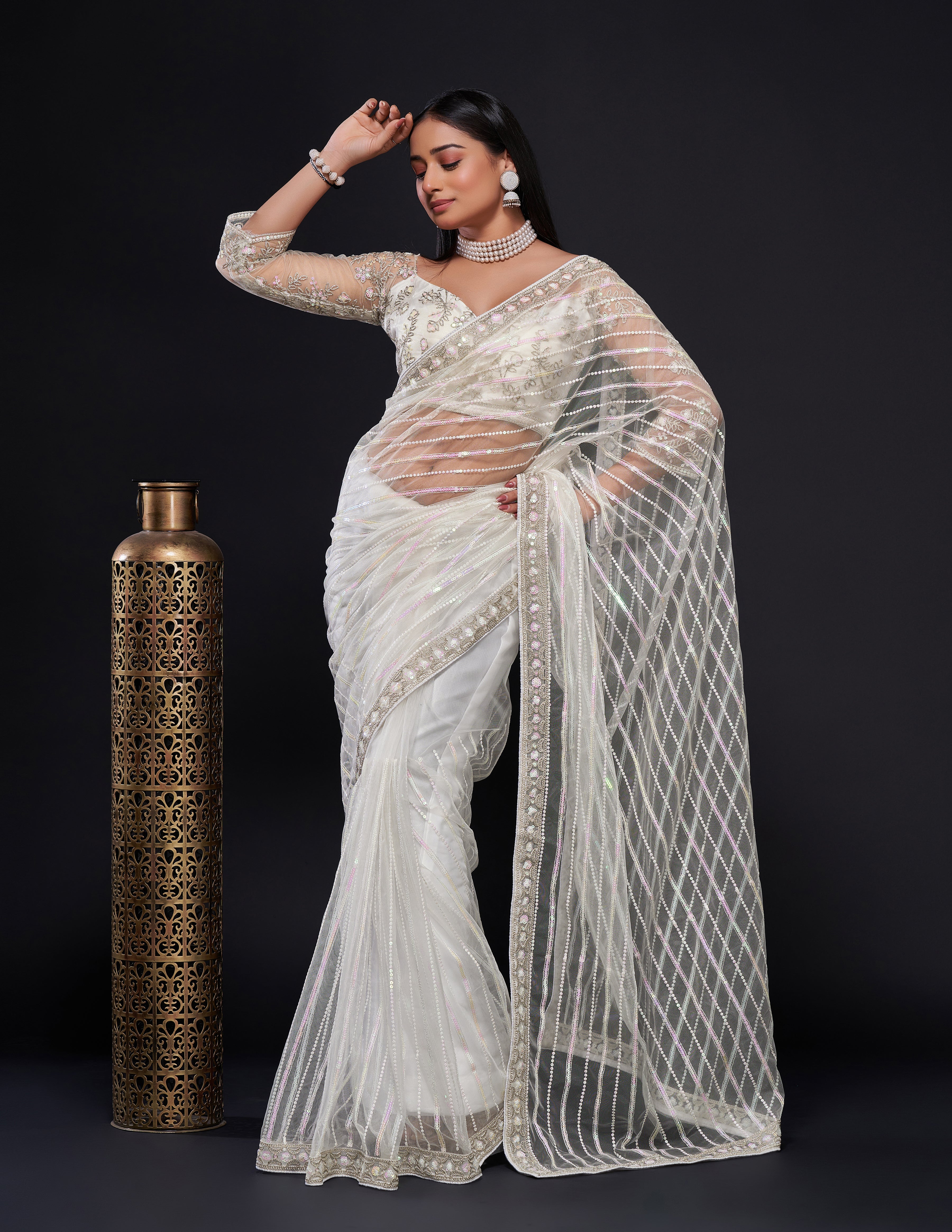 White Net saree with rainbow sequence, thread & dori work - qivii