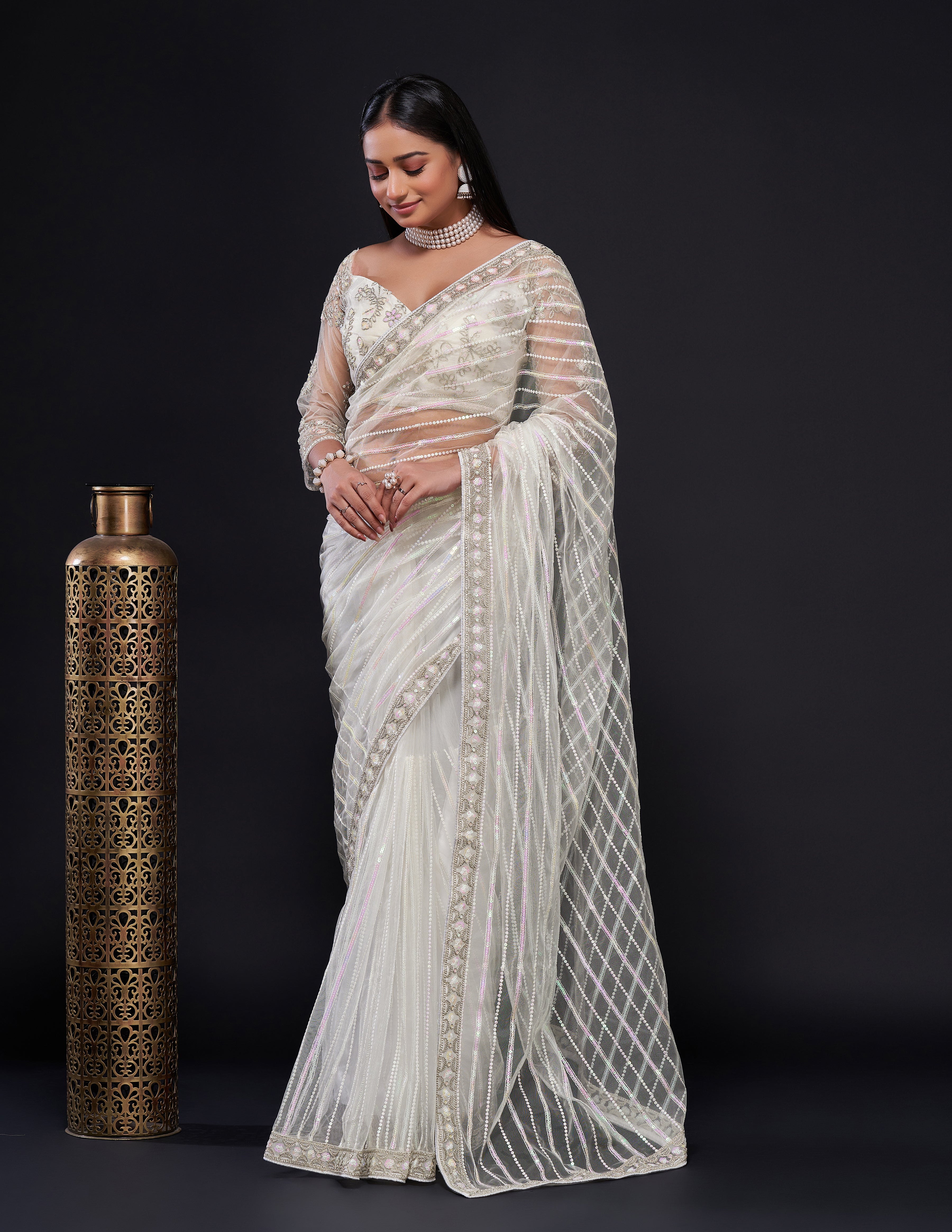 White Net saree with rainbow sequence, thread & dori work - qivii