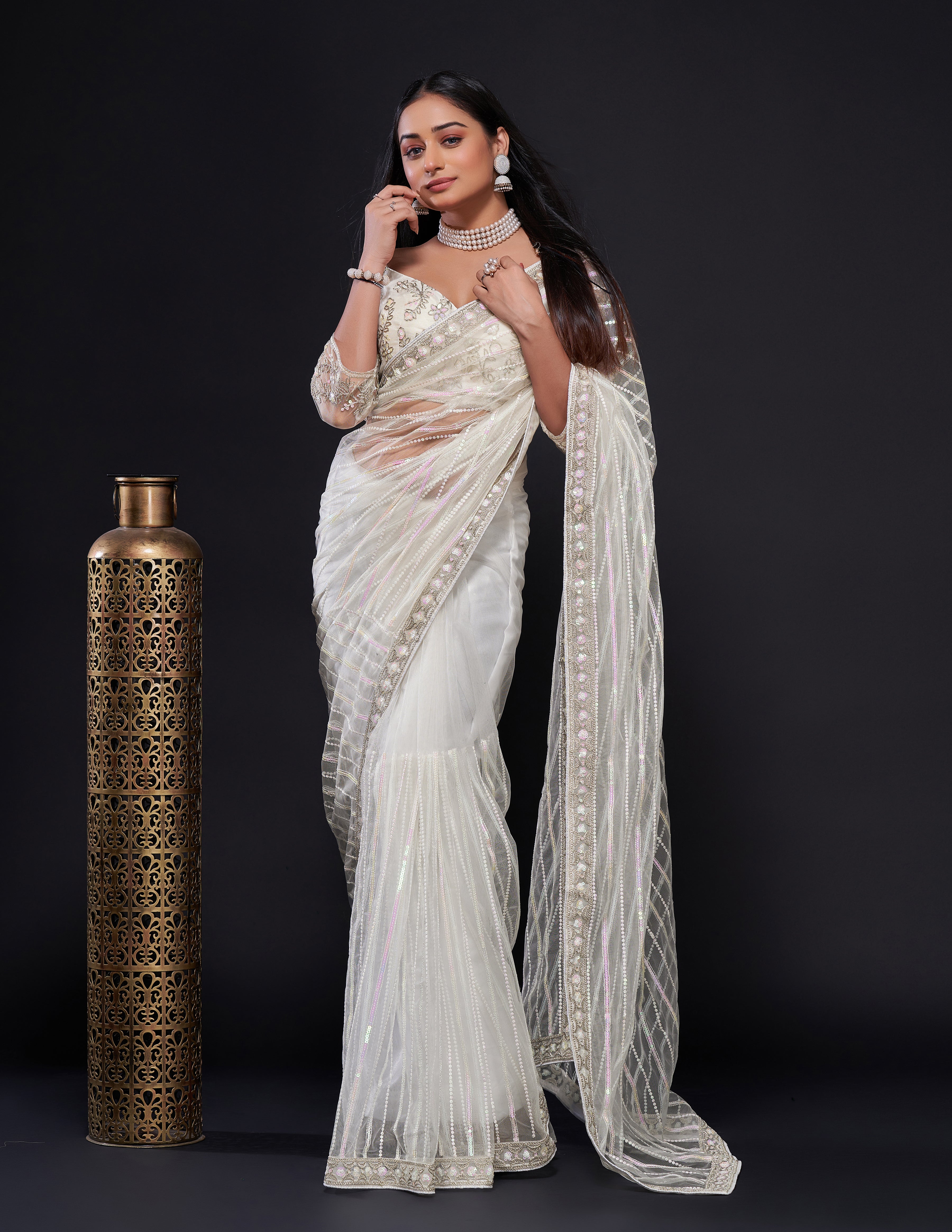 White Net saree with rainbow sequence, thread & dori work - qivii