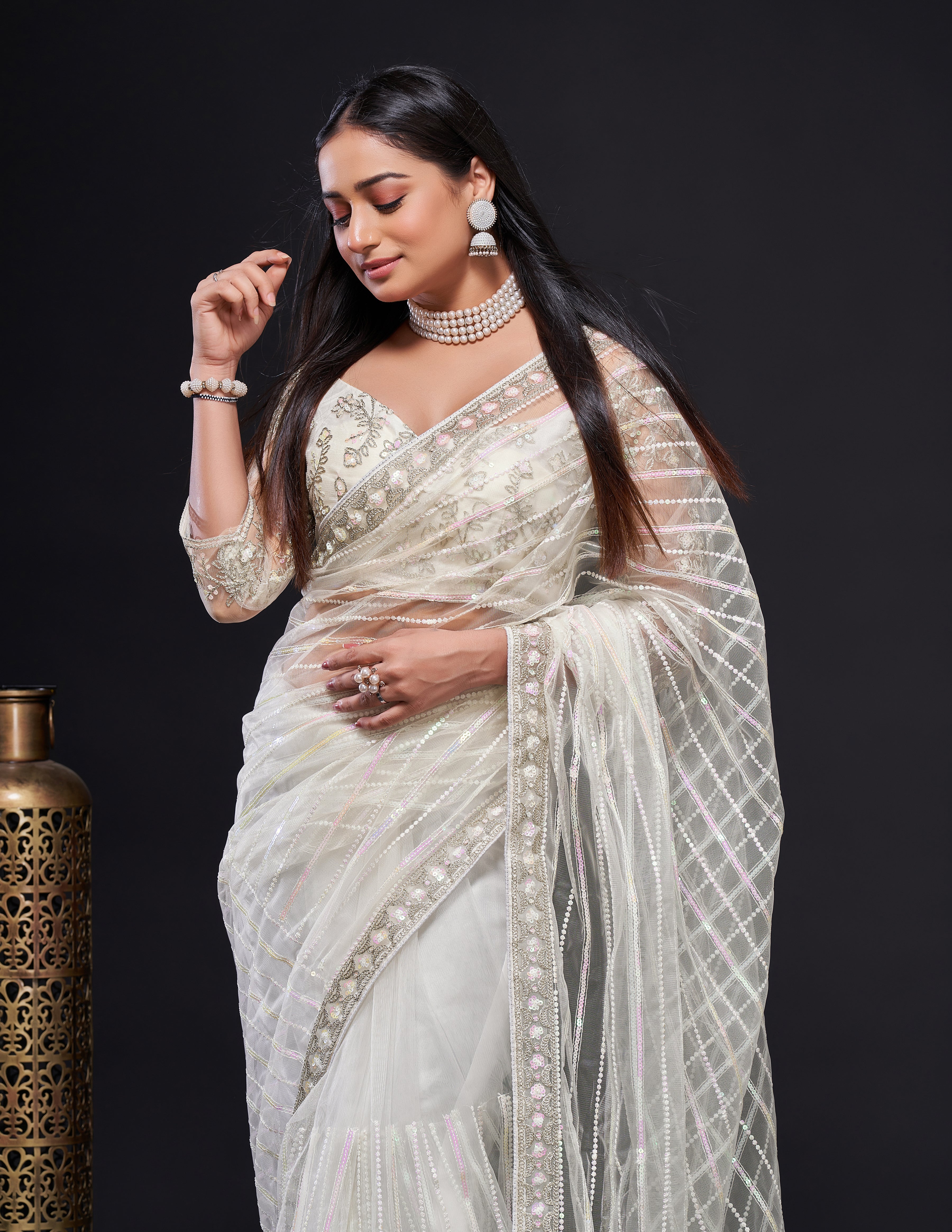 White Net saree with rainbow sequence, thread & dori work - qivii