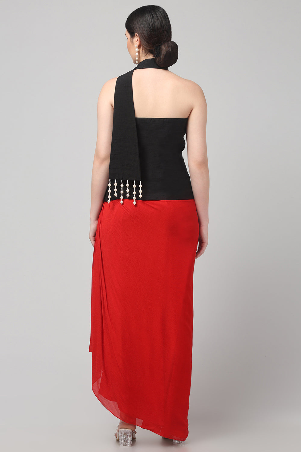 Black Embroidered Asymmetric Top with Draped Red Skirt