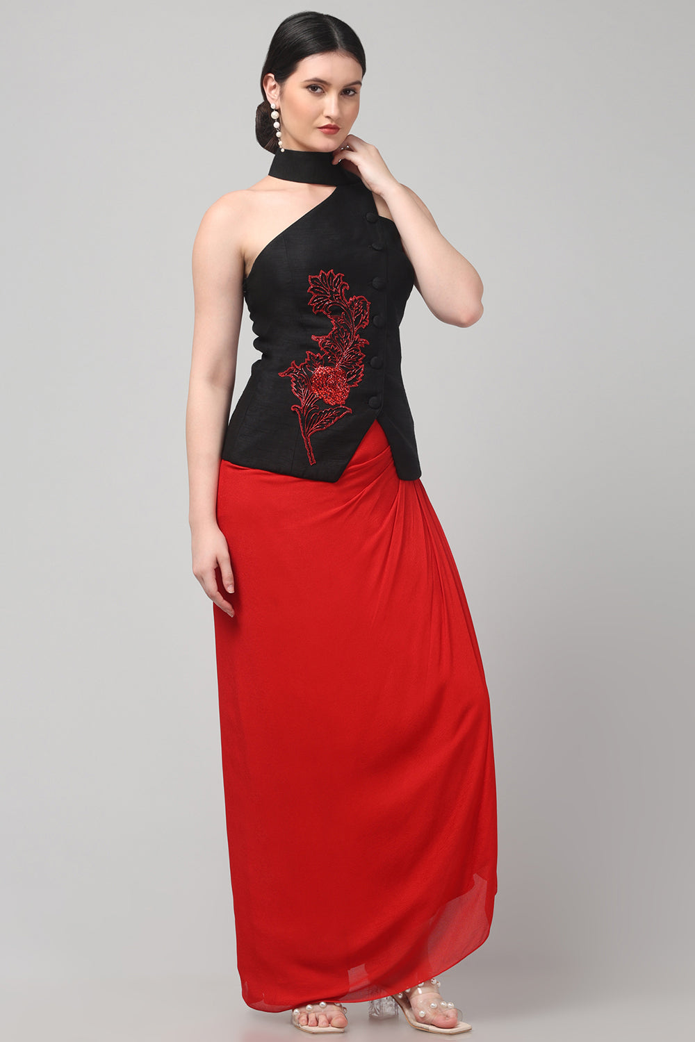 Black Embroidered Asymmetric Top with Draped Red Skirt