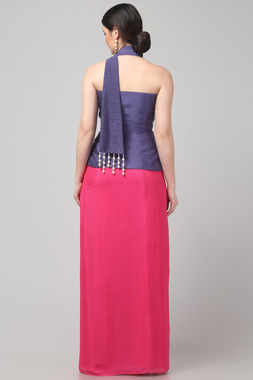 Royal Purple Embroidered Asymmetric Top with Draped Fuscia Pink Skirt