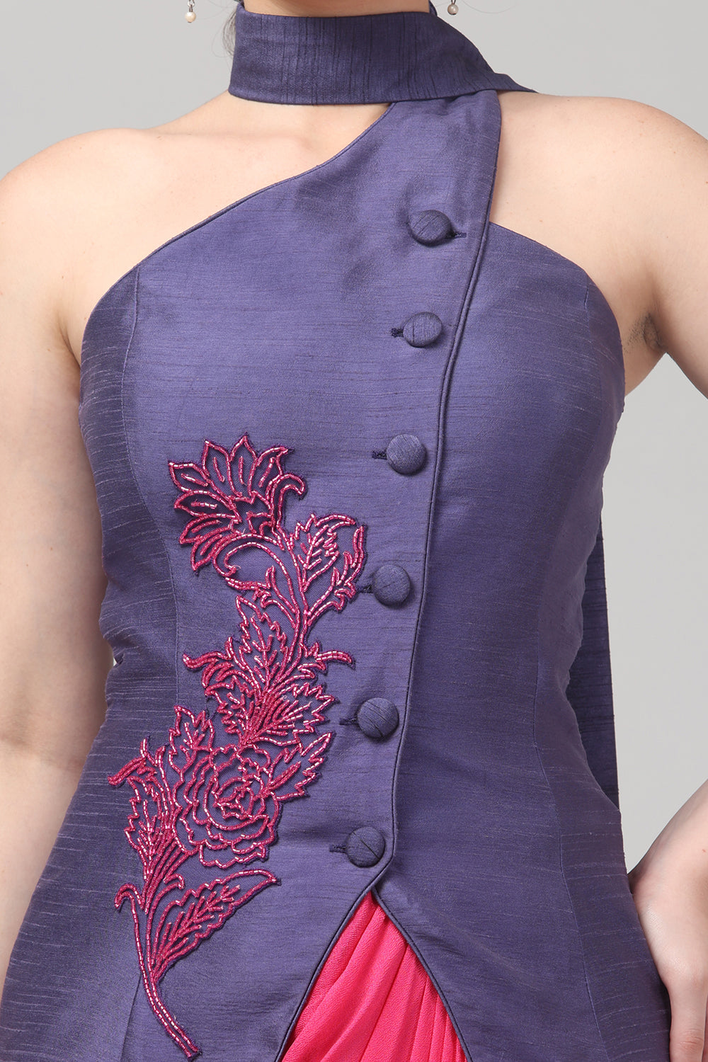 Royal Purple Embroidered Asymmetric Top with Draped Fuscia Pink Skirt