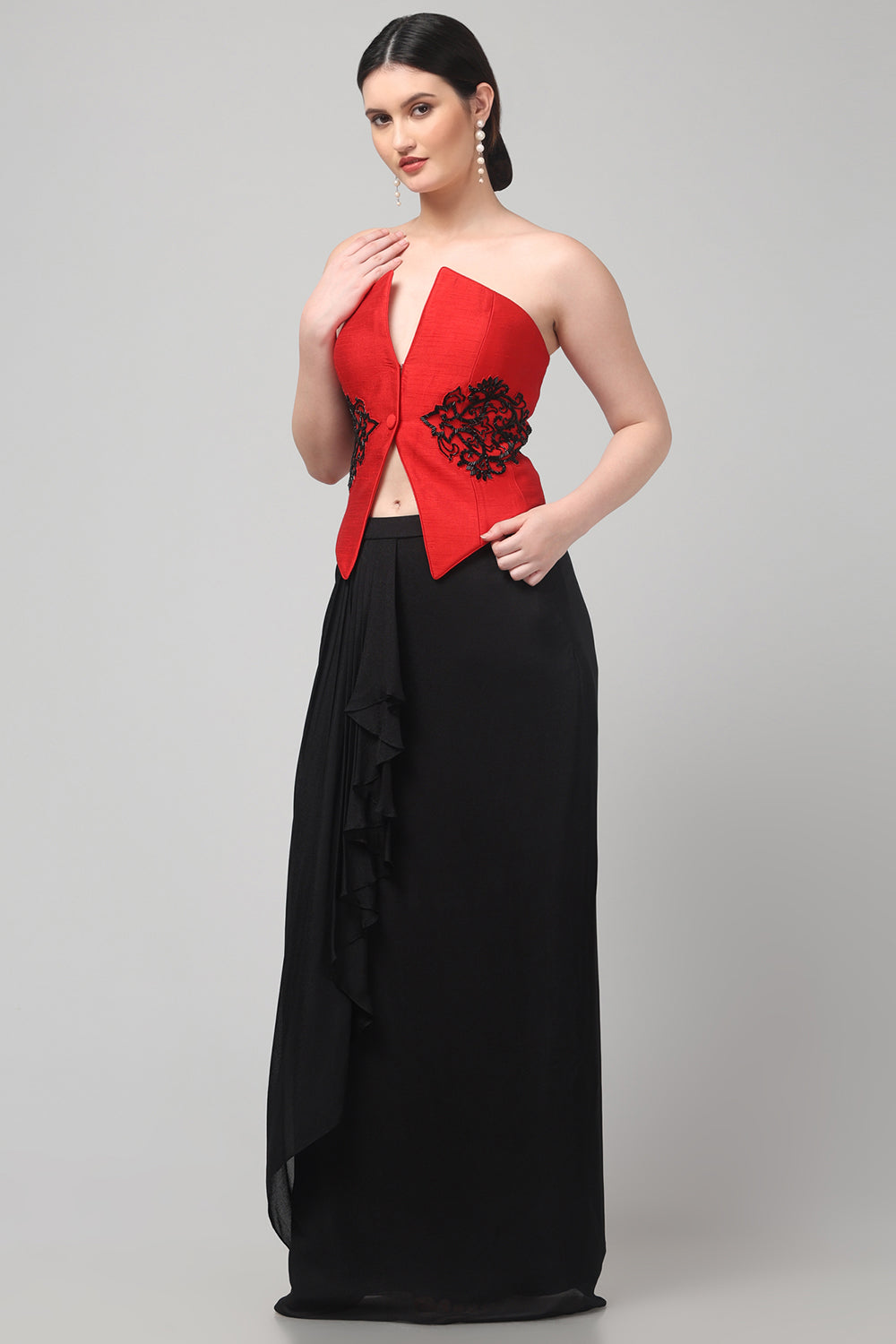 Red Embroidered Top with Draped Black Skirt