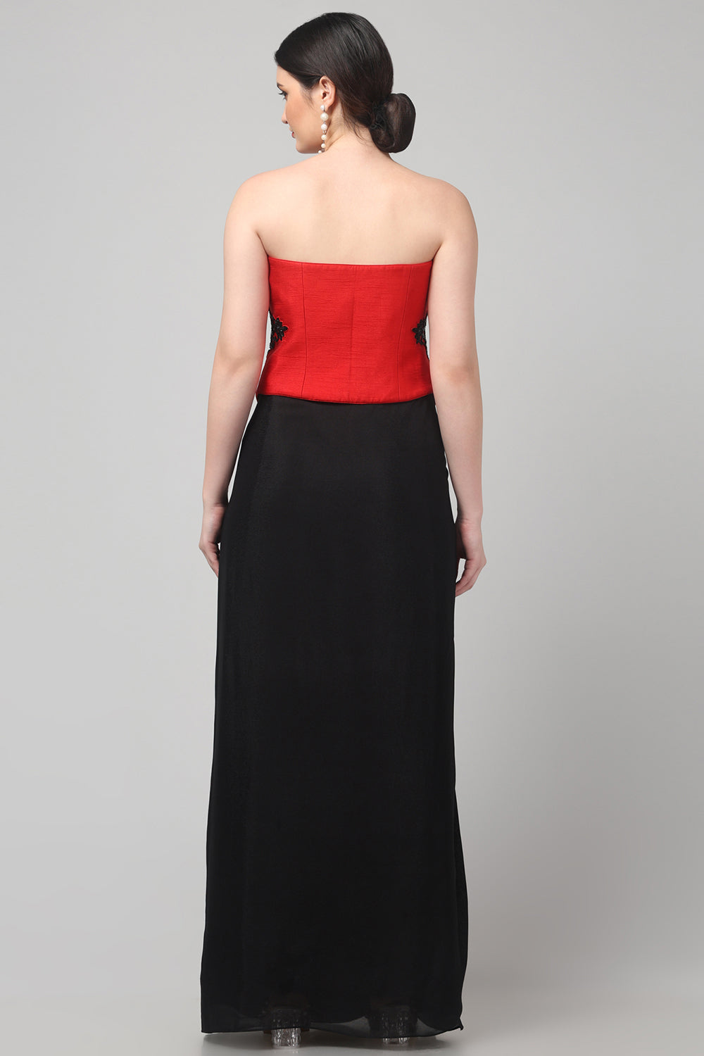 Red Embroidered Top with Draped Black Skirt