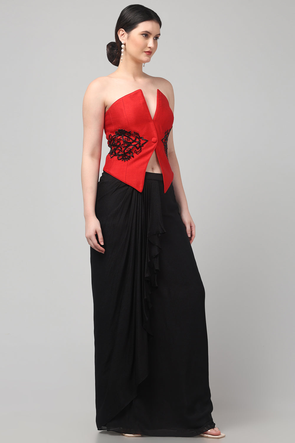 Red Embroidered Top with Draped Black Skirt
