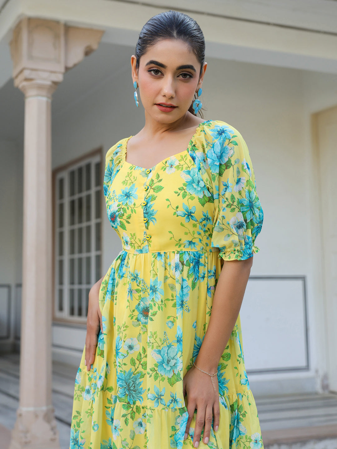 Yellow Georgette Floral Print Flared Western Dress - qivii