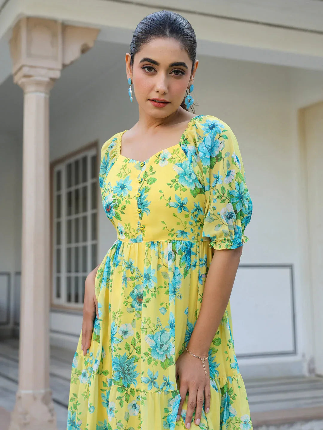 Yellow Georgette Floral Print Flared Western Dress