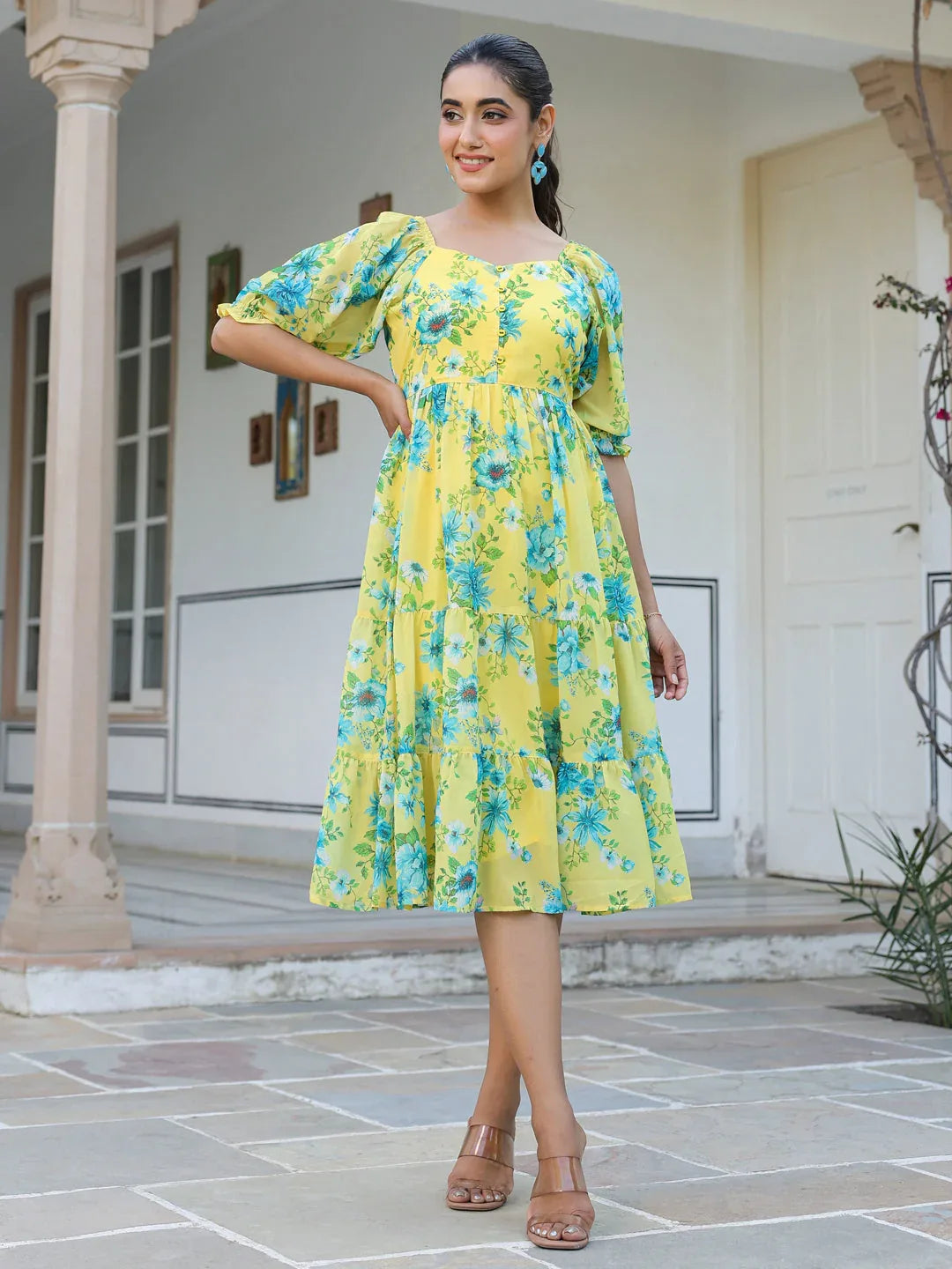 Yellow Georgette Floral Print Flared Western Dress