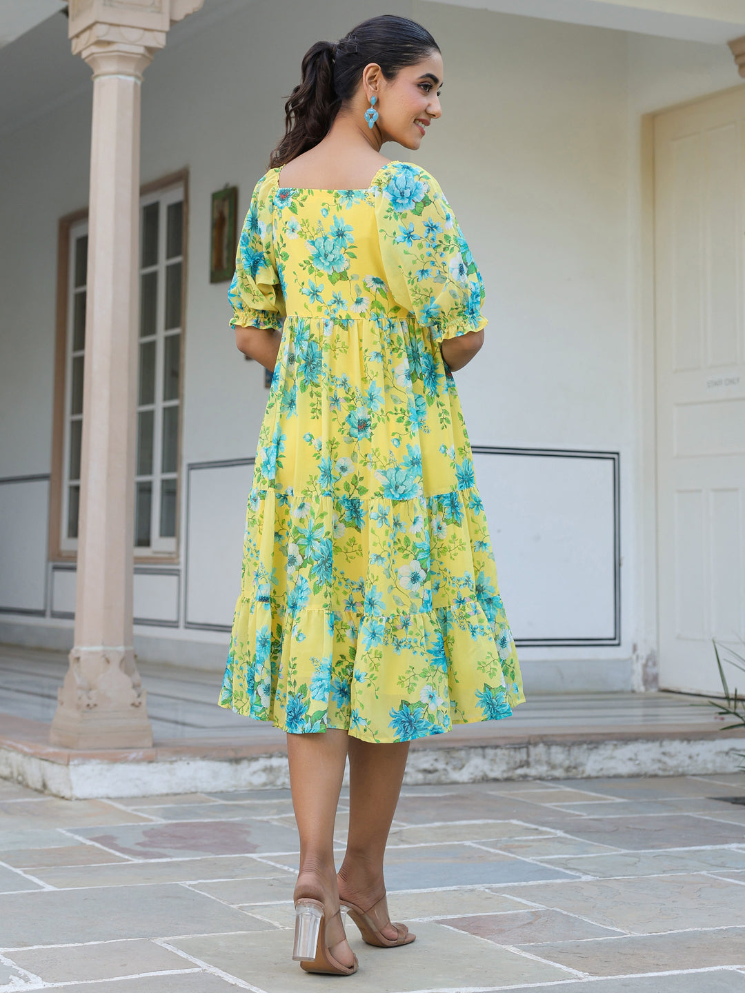 Yellow Georgette Floral Print Flared Western Dress - qivii