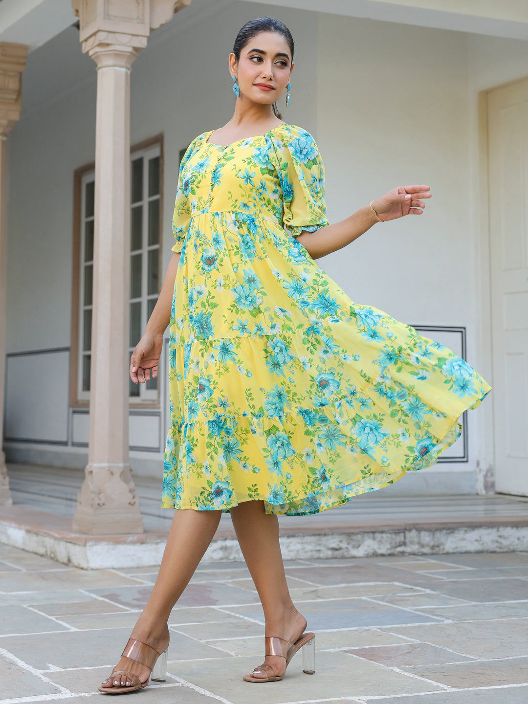 Yellow Georgette Floral Print Flared Western Dress - qivii