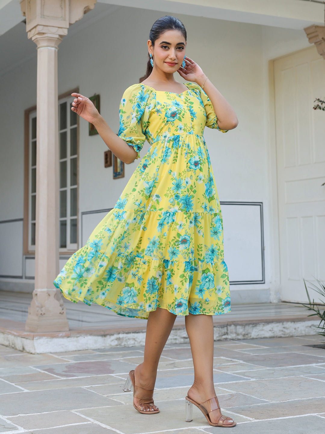 Yellow Georgette Floral Print Flared Western Dress - qivii