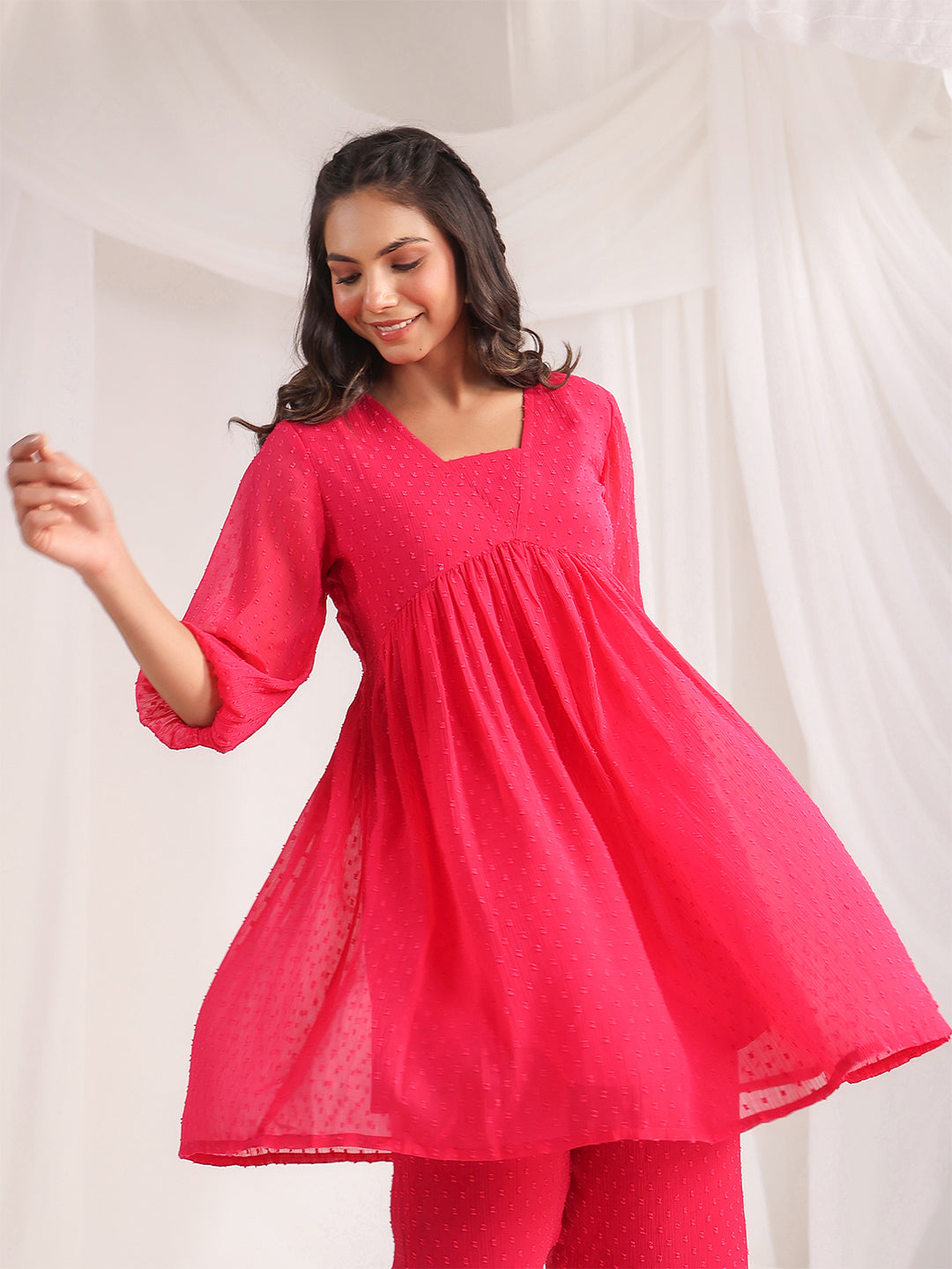 Janasya Women's Pink Dobby Georgette Self Design Gathered Co-ord Set