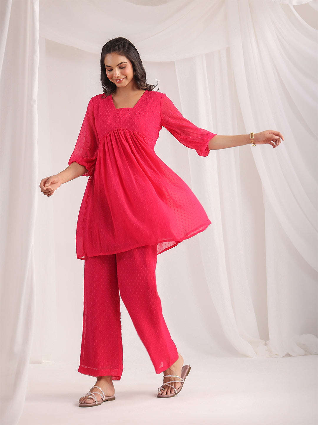Janasya Women's Pink Dobby Georgette Self Design Gathered Co-ord Set