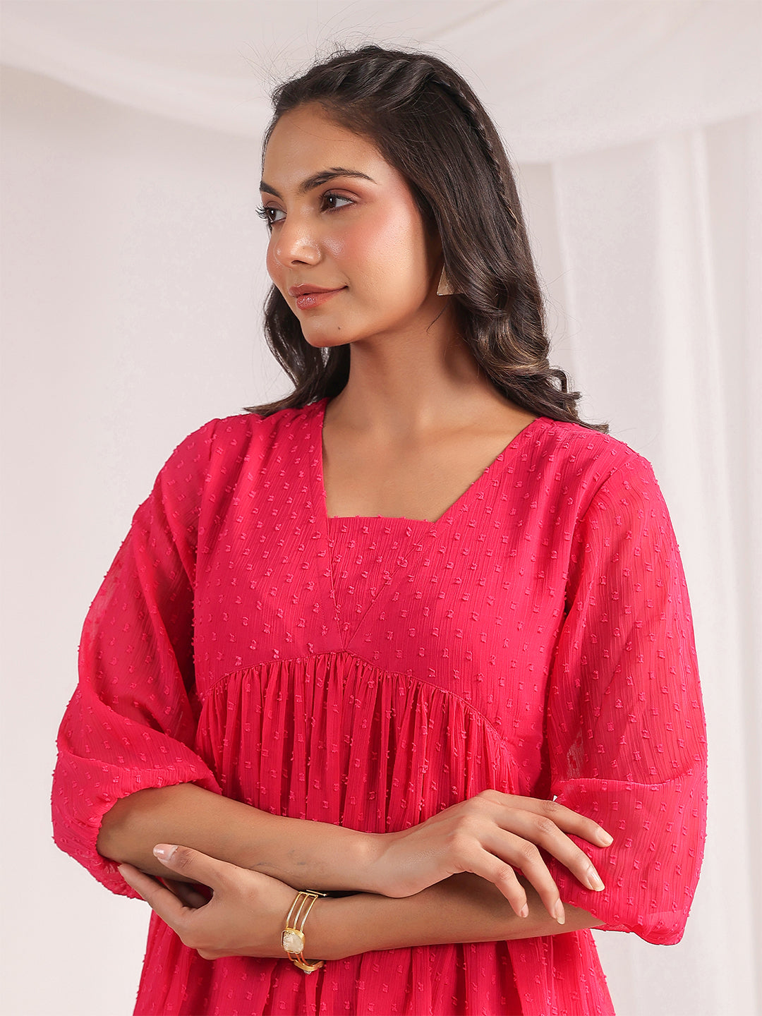 Janasya Women's Pink Dobby Georgette Self Design Gathered Co-ord Set