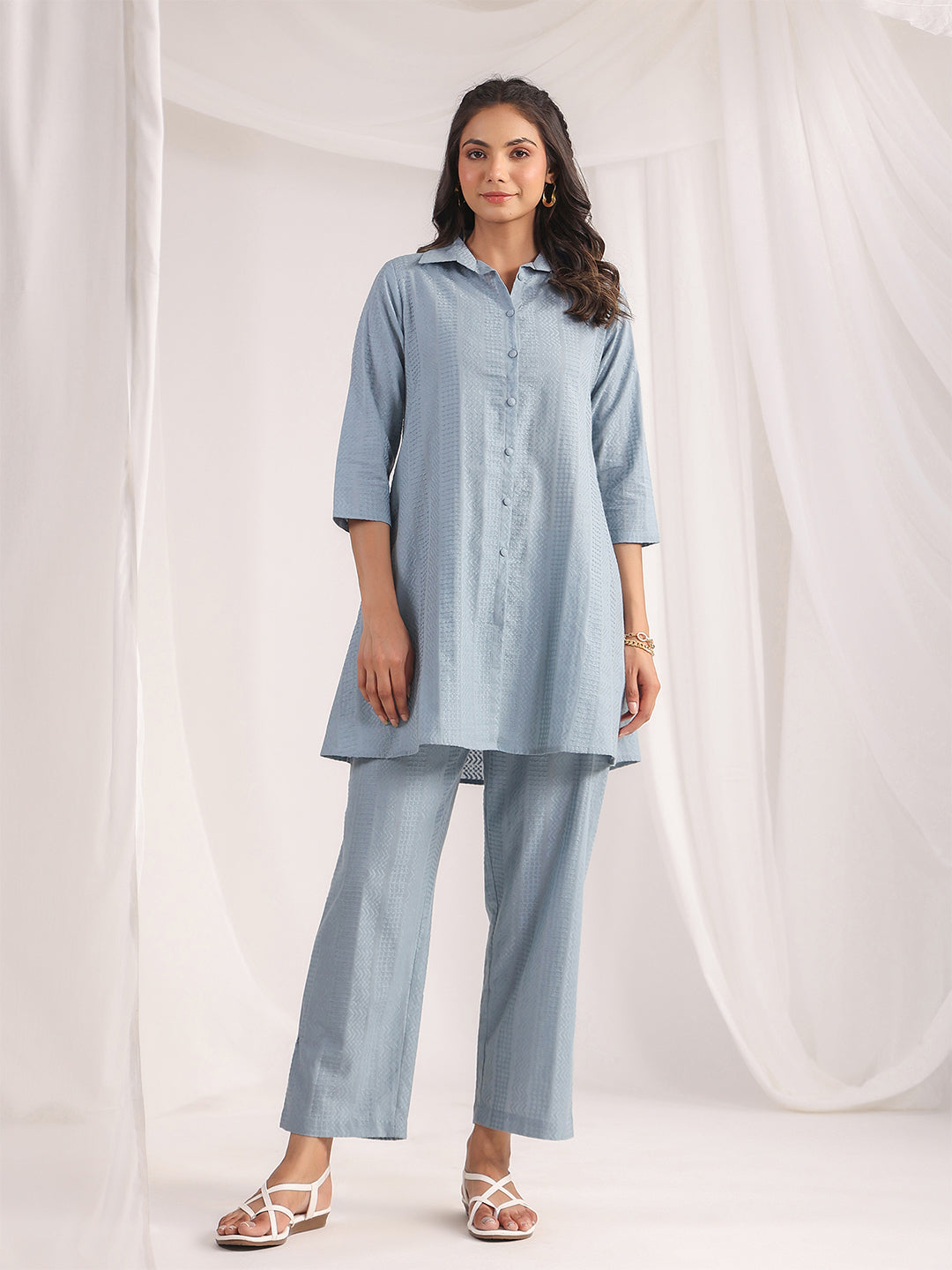 Light Blue Cotton Jacquard Self Design Shirt Co-ord Set - qivii